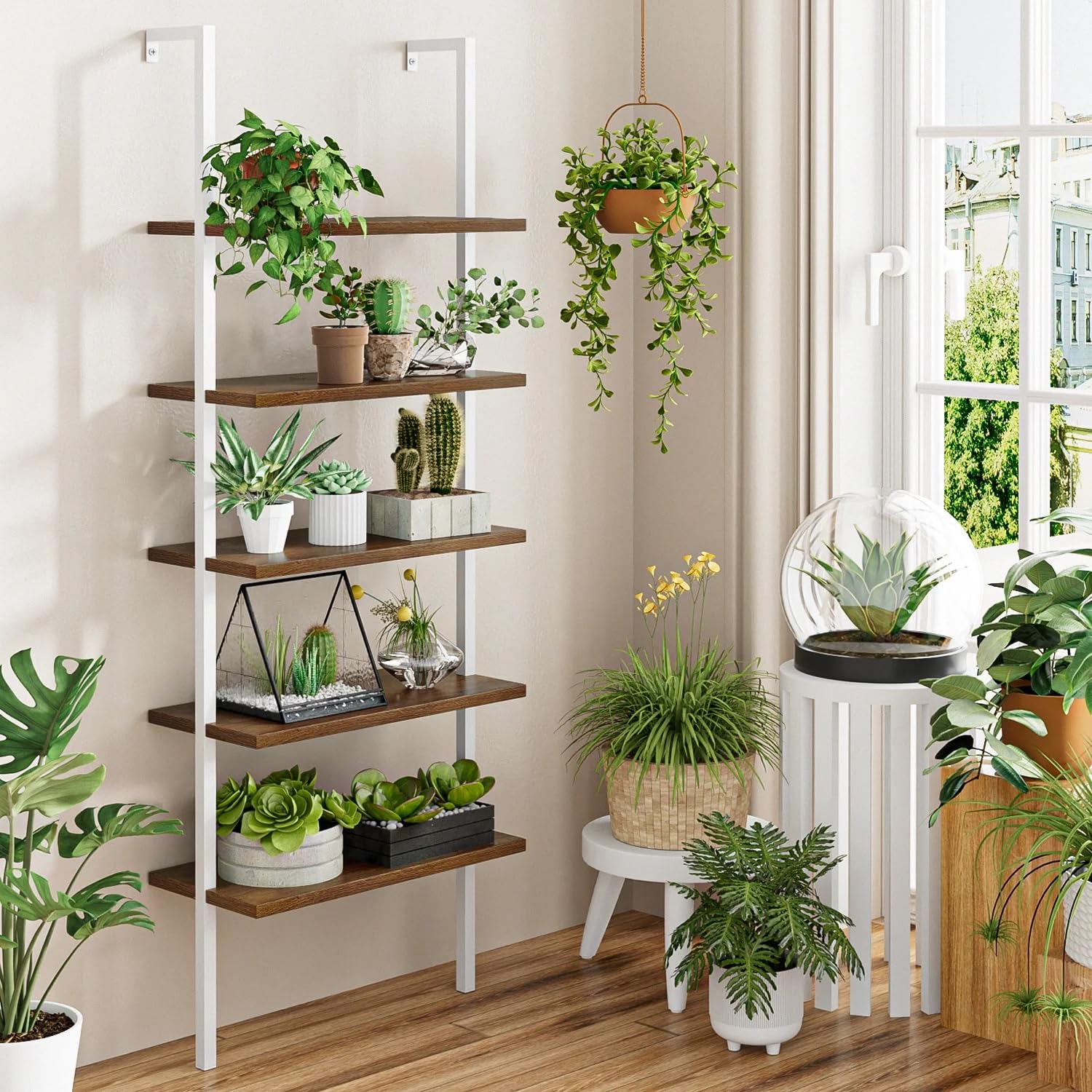 5-Tier Metal Ladder Shelf - White Wooden Wall Mounted Bookshelf & Open Display Organizer for Living Room, Office, Hallway Storage | Perfect for Home Decor, Book Display & Space-Saving Storage Solutions