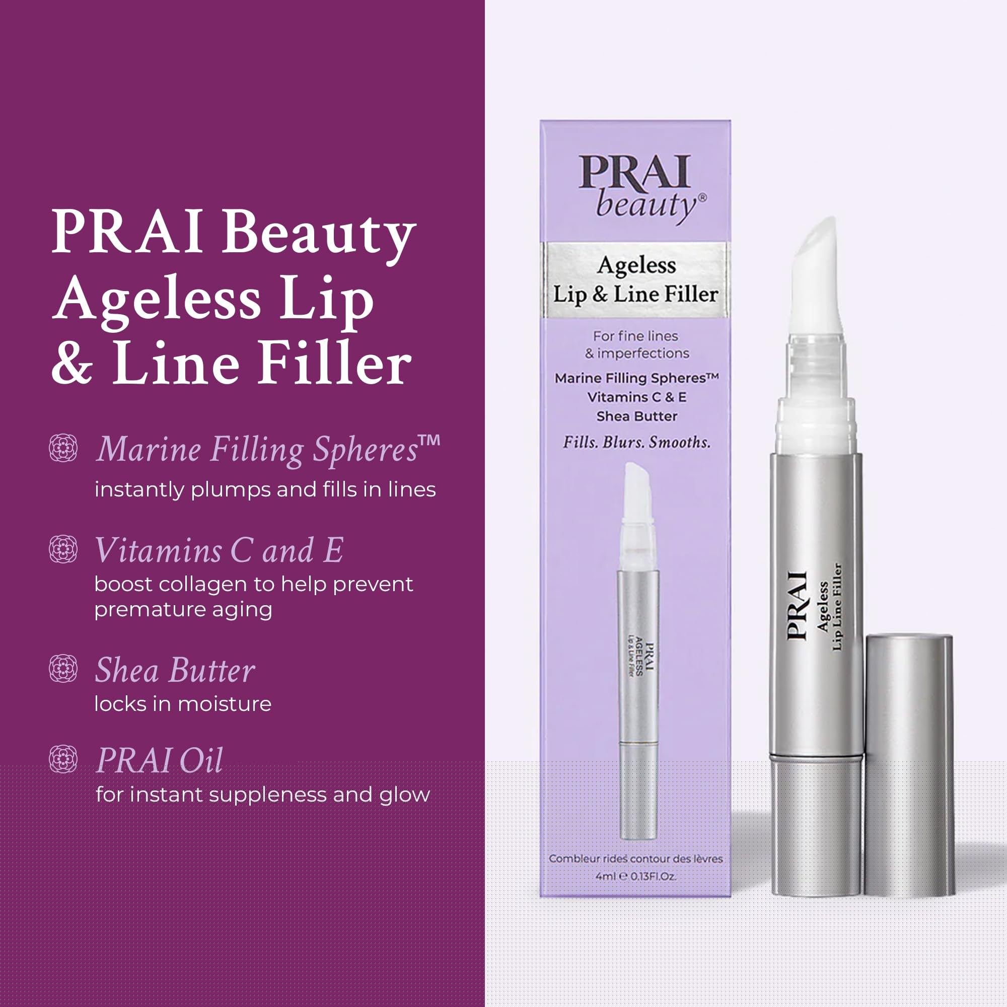 PRAI Beauty Ageless Lip and Line Filler - Instant Plumping Lip Serum for Smooth, Youthful Lips | Vitamin C & E Infused Moisturizing Treatment to Reduce Fine Lines & Boost Collagen | Perfect for Daily Use, Special Occasions & Anti-Aging Lip Care Routine