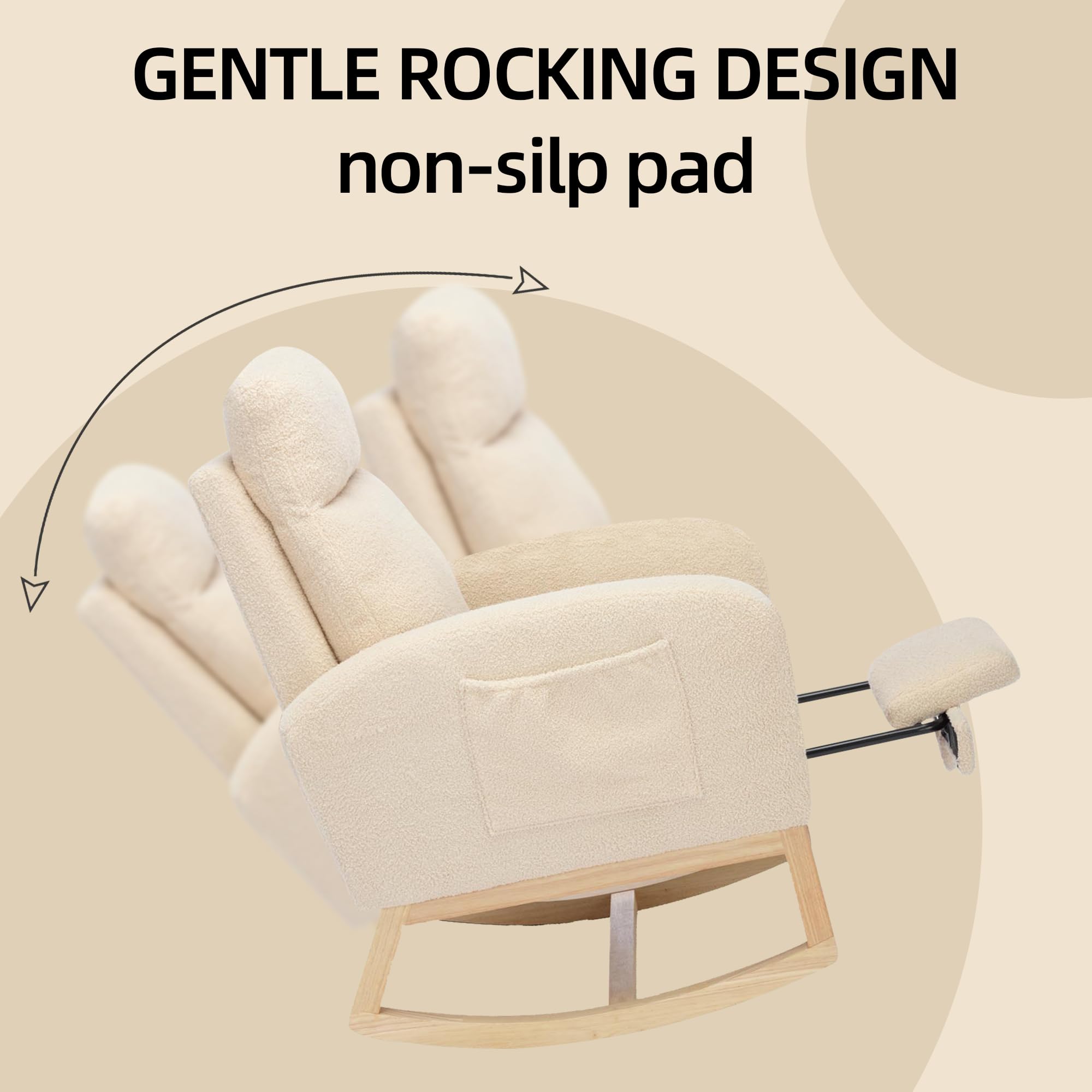 Teddy Upholstered Nursery Rocking Chair with Footrest - Solid Wood Glider Rocker with Side Pockets - Comfortable Armchair for Baby Nursery, Living Room, Bedroom & Lounge (Beige) - Perfect for Breastfeeding, Reading & Relaxing