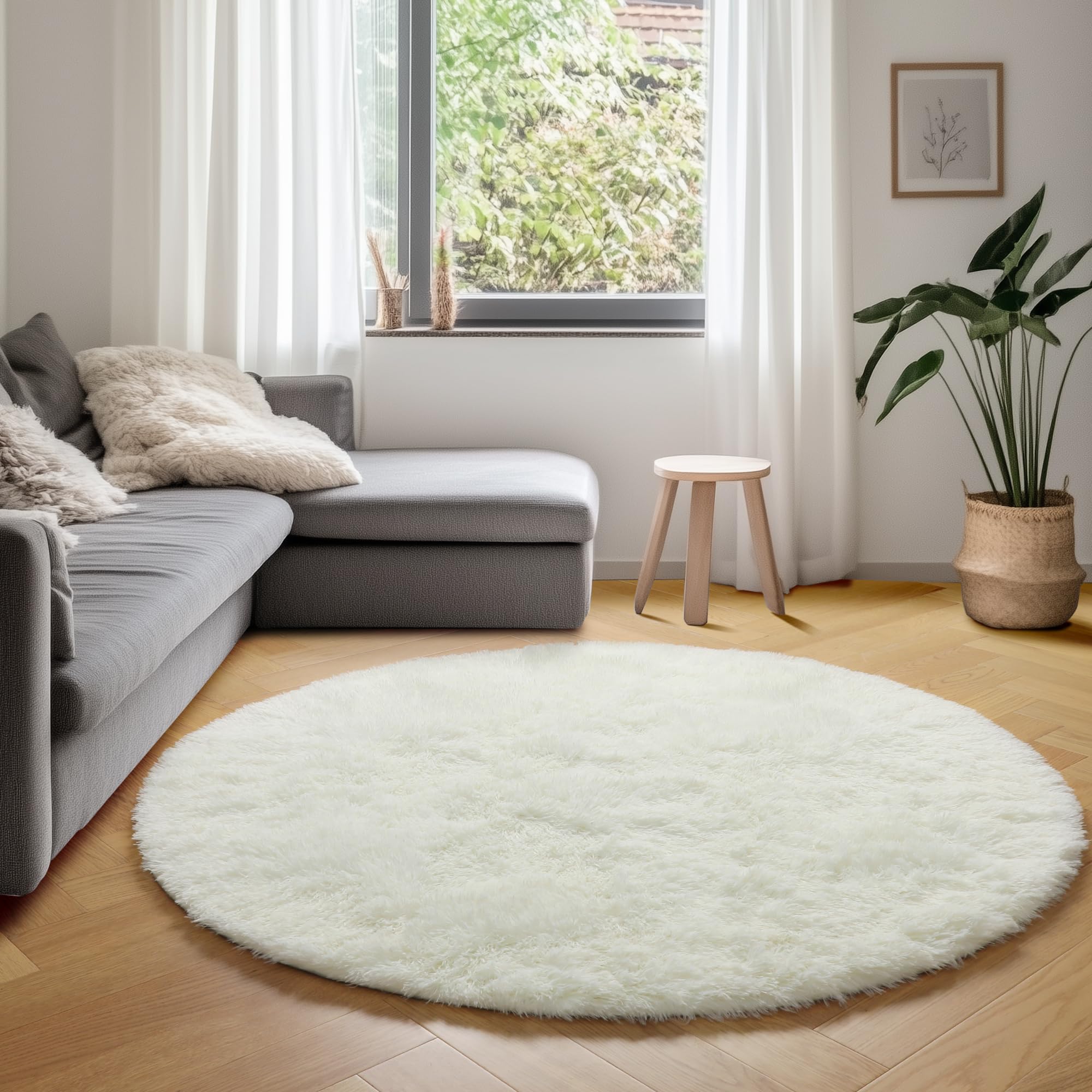 PAGISOFE 5Ft Round Fluffy Shaggy Rug - Cream White Ivory Soft Furry Carpet for Kids Bedroom, Nursery, Playroom - Non-Slip Comfy Circular Rug for Reading Nook, Teepee Area, Aesthetic Home Decor