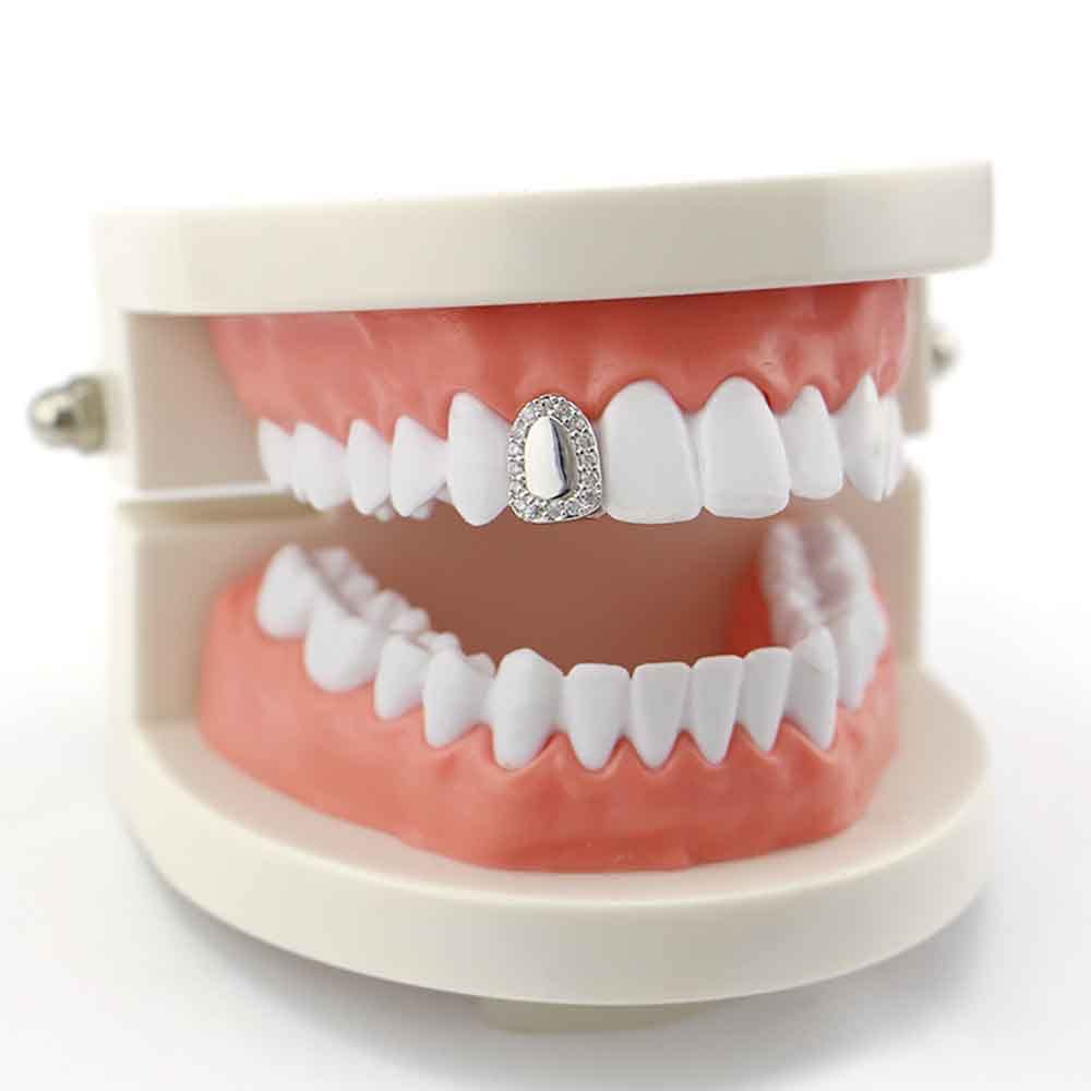 2PC Gold Plated Diamond Grillz for Men & Women - Round Single Tooth Cap - Perfect Hip Hop Jewelry Gift for Parties & Performances