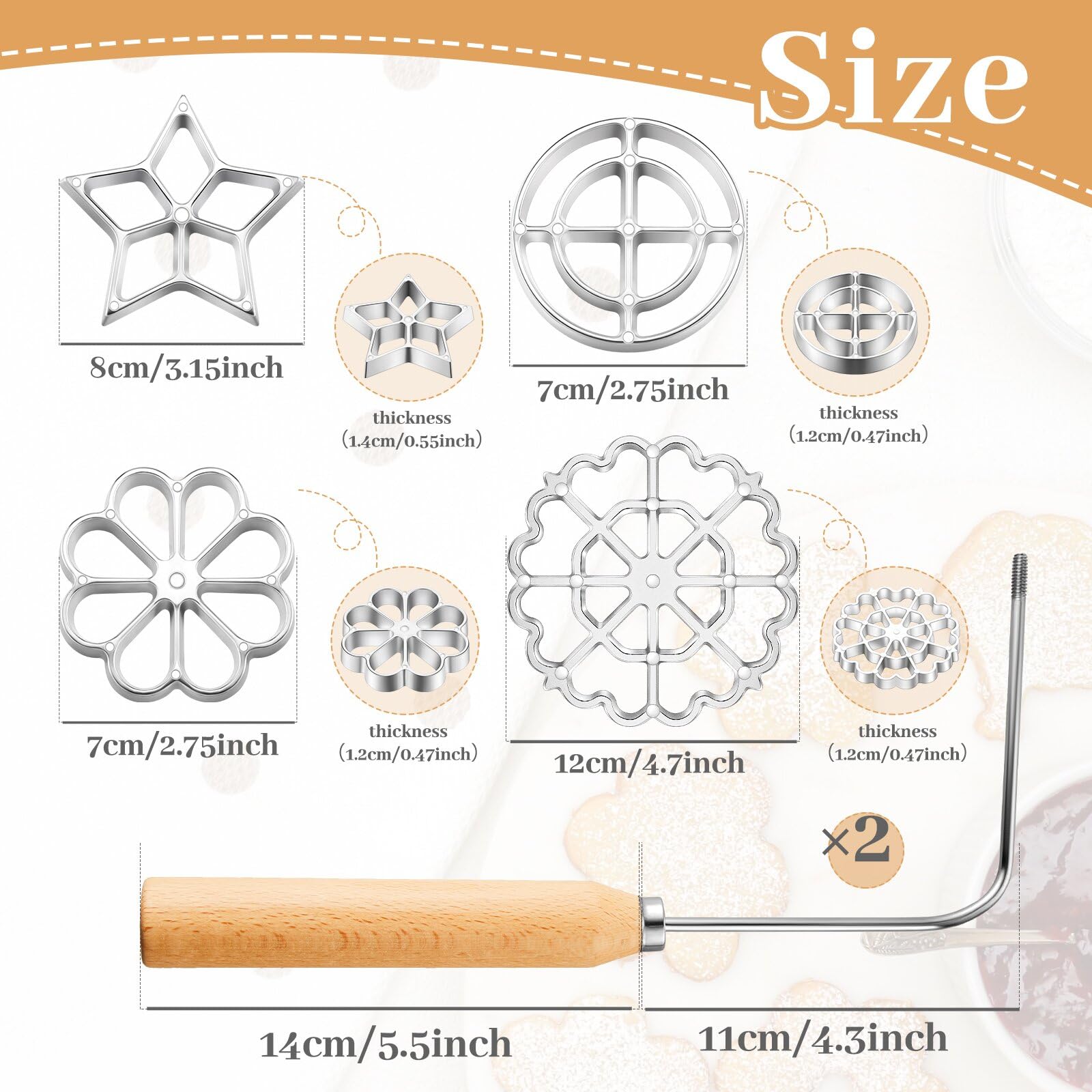 6 Pcs Rosette Iron Mold Set - Aluminum Alloy Bunuelos Maker with Wooden Handle, 3 Interchangeable Heads (Star, Flower, Circle) for Waffles, Cookies & Pastries - Perfect for Holiday Baking, Party Treats & Homemade Desserts
