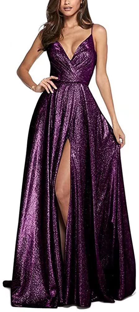 Yadressy Women's Long Glitter Prom Dress - V Neck Sleeveless Ball Gown A-Line Wedding Party Dress with Slit GY11 | Elegant Evening Gown for Homecoming, Prom Night, Quinceañera & Formal Events