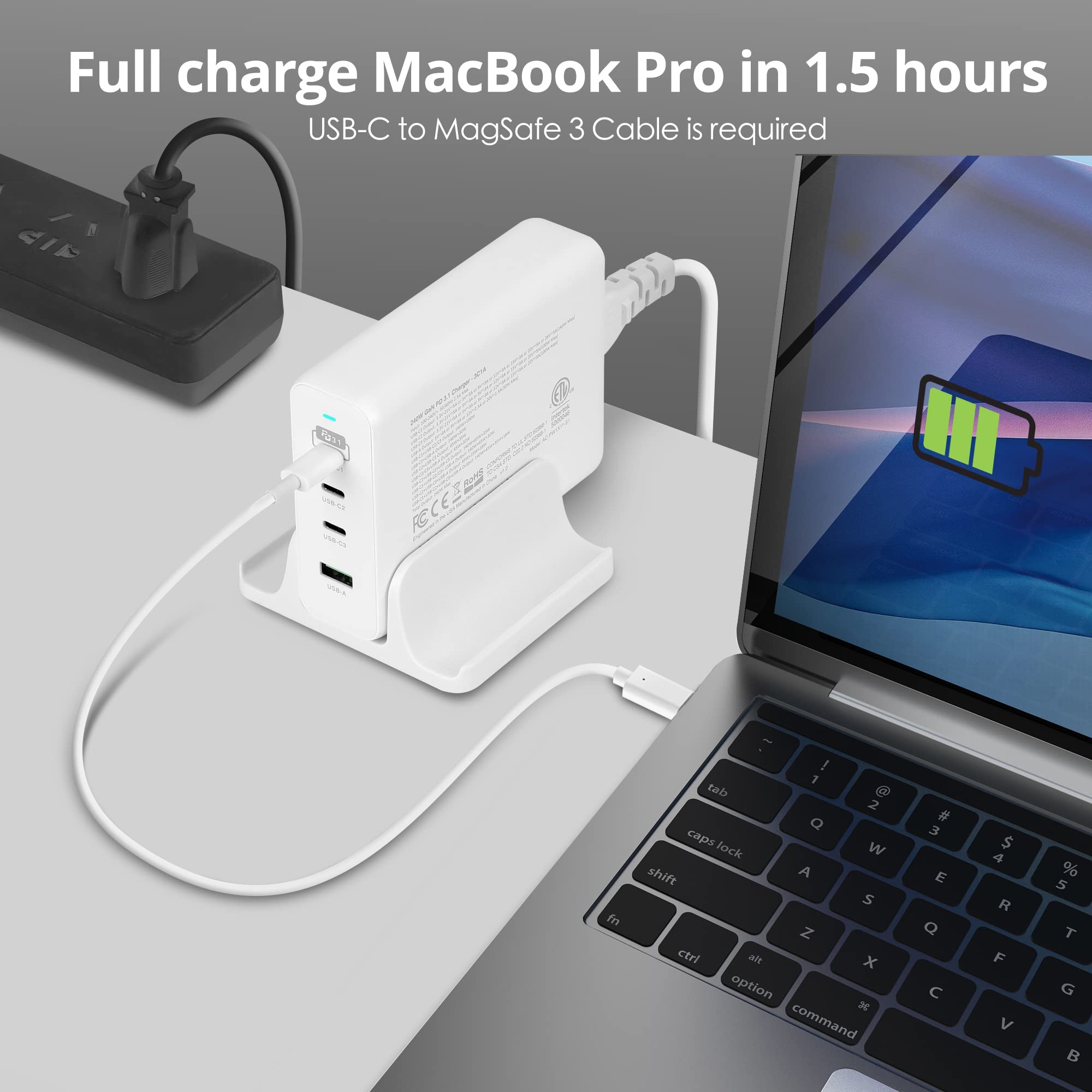 SIIG 240W USB-C GaN Fast Charger 4-Port (3C1A) with PD 3.1 & QC 3.0 - Compatible with MacBook Pro/Air, iPad, iPhone 14/13/12 Series, Samsung Galaxy S22/Note 20, Google Pixel - Perfect for Home, Office & Travel Charging (Model: AC-PW1X11-S1)