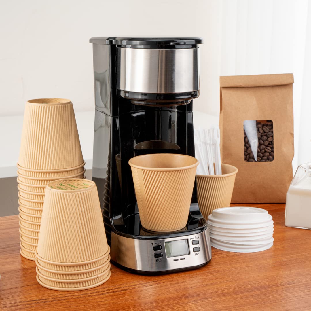 Restaurantware 8oz Insulated Coffee Cups with Lids - 400 Pack Leakproof Kraft Paper Hot Cups for Tea, Hot Chocolate & Lattes - Eco-Friendly Disposable Ripple Wall Design for Cafes, Offices & Events