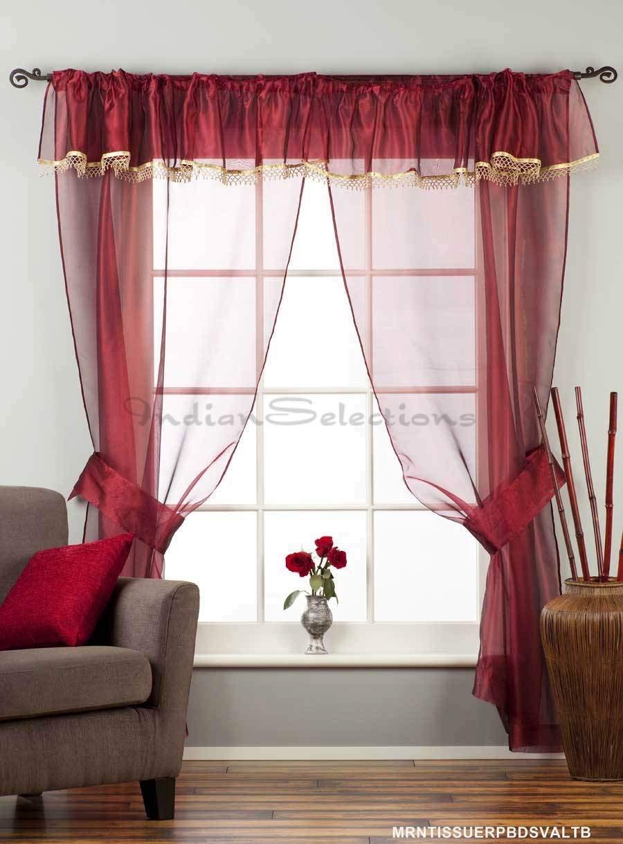 Indian Selections Maroon Sheer Rod Pocket Cafe Curtain Panel - 43 Inch Width x 24 Inch Length - Light Filtering Window Drape for Kitchen, Dining Room & Breakfast Nook