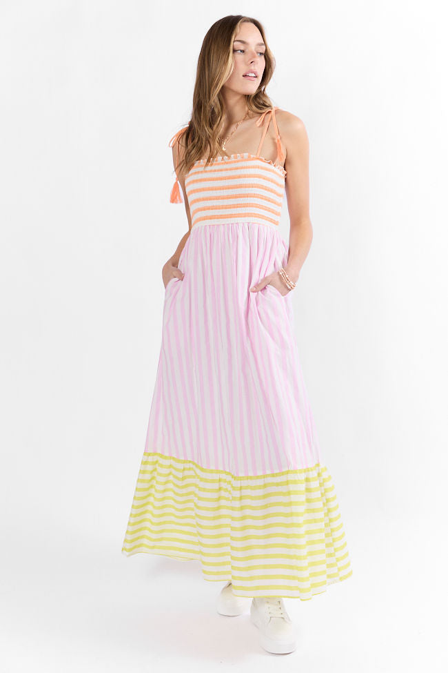 Forever Again Women's Striped Color Block Maxi Dress - Flowy Summer Beach Dress for Vacation, Party & Casual Wear
