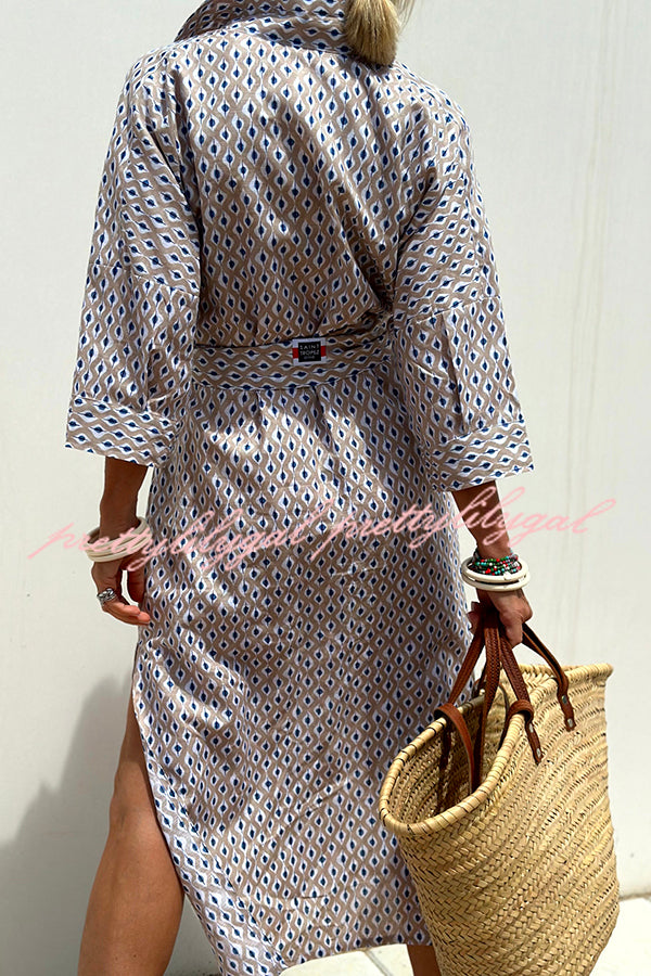 Summer Splendor Printed Button Half Sleeve Belt Loose Shirt Midi Dress - Flowy Boho Chic Outfit for Beach Vacation, Date Night & Casual Wear