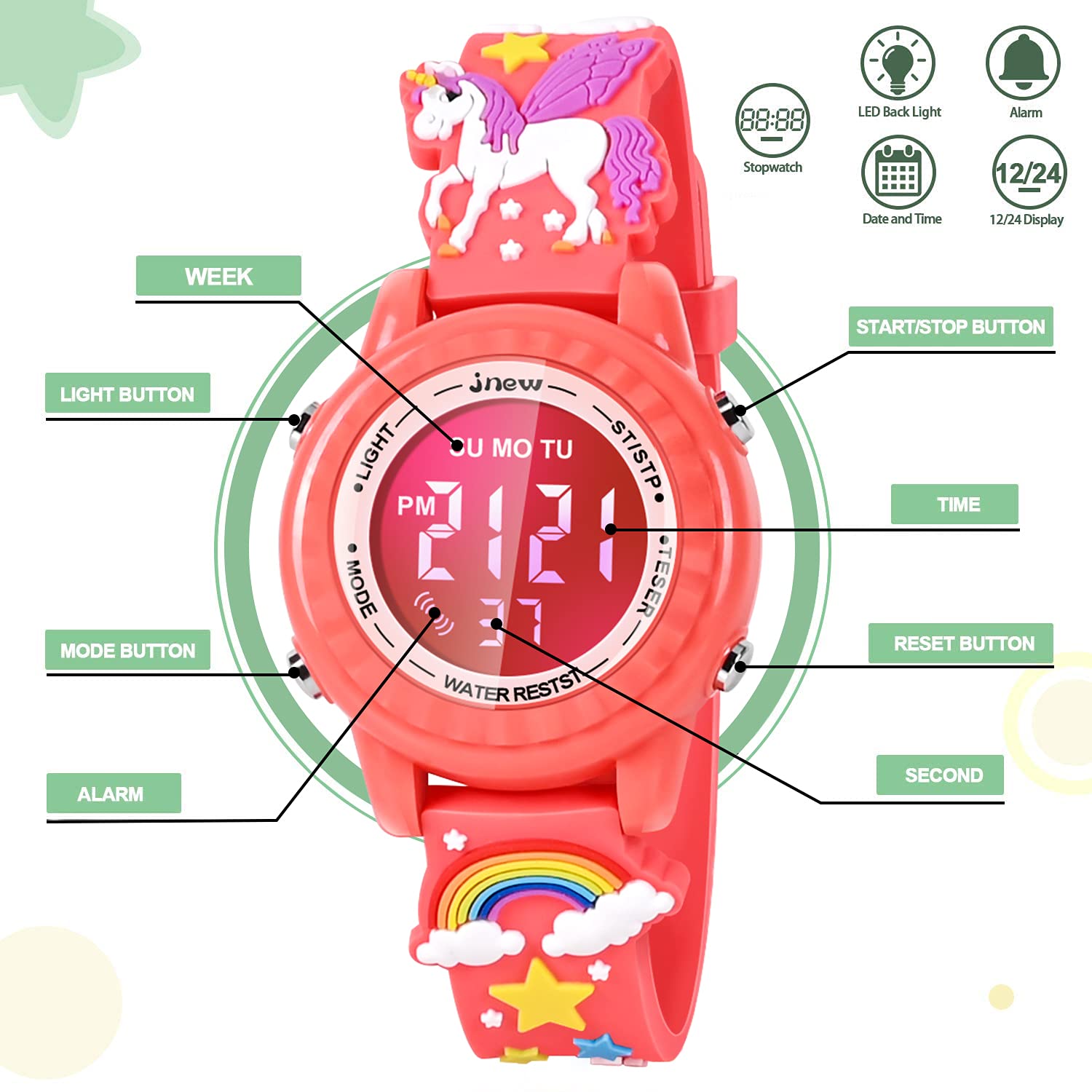 **3D Cartoon Waterproof Kids Watches with Alarm - Best Digital Toy Gift for Girls Age 3-10 - Perfect for School, Swimming & Outdoor Play**