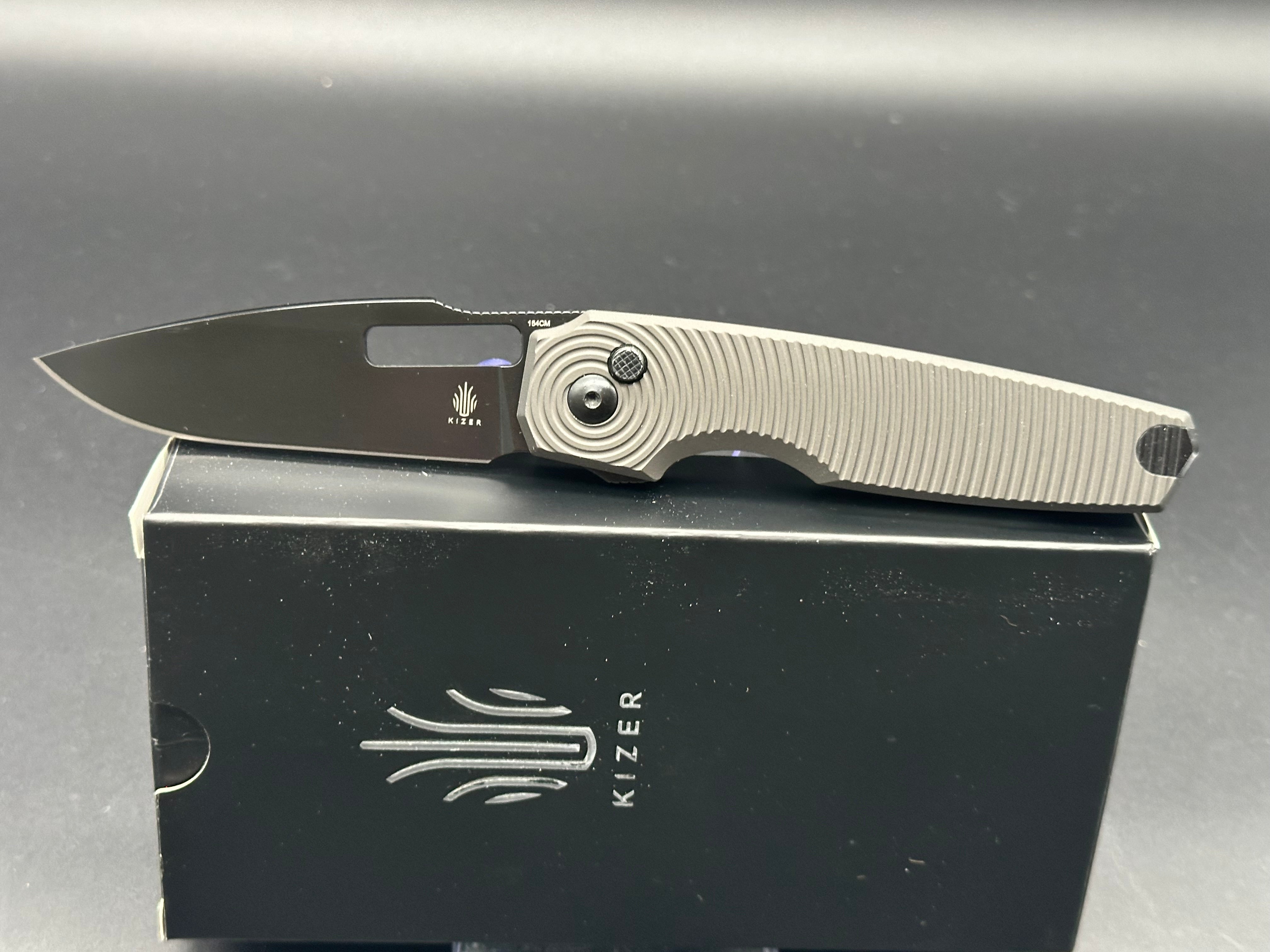 KIZER DOGFISH Button Lock Folding Knife - Black Aluminum Handle, 154CM Drop Point Plain Black Blade (V3640C1) - EDC, Outdoor Camping, Hiking & Survival Tool