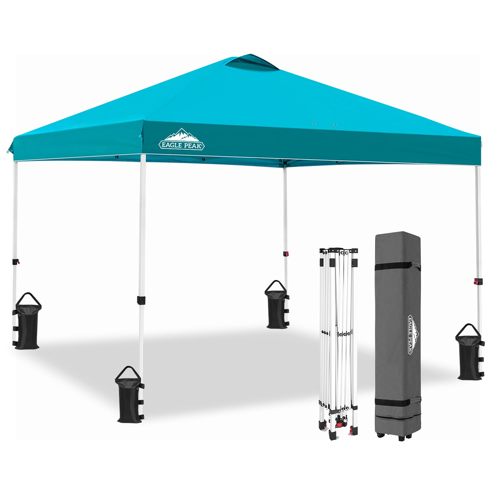 EAGLE PEAK 10x10 ft Pop Up Canopy Tent with Wheeled Carry Bag - Portable Instant Shelter for Outdoor Events, Beach, Camping & Backyard Parties - Includes 8 Stakes, 4 Ropes & 4 Weight Bags - Easy Setup 100sqft Shade in Turquoise