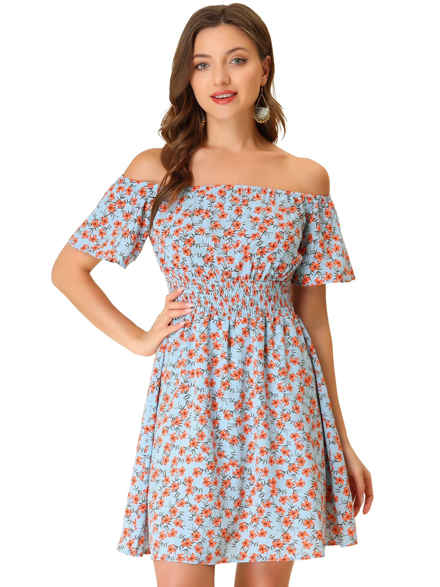 Allegra K Women's Summer Floral Off Shoulder Chiffon Dress - Smocked Waist Short Dress for Beach, Vacation & Date Night