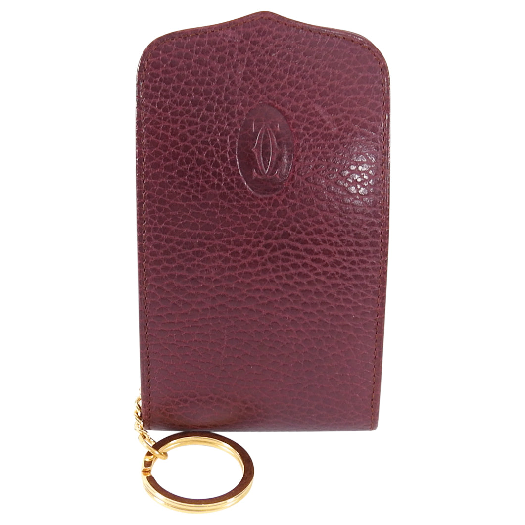 Vintage Must de Cartier Burgundy Leather Key Ring Pouch - Luxury Designer Keychain Holder for Women & Men - Perfect for Home, Office, and Travel Accessories Organization