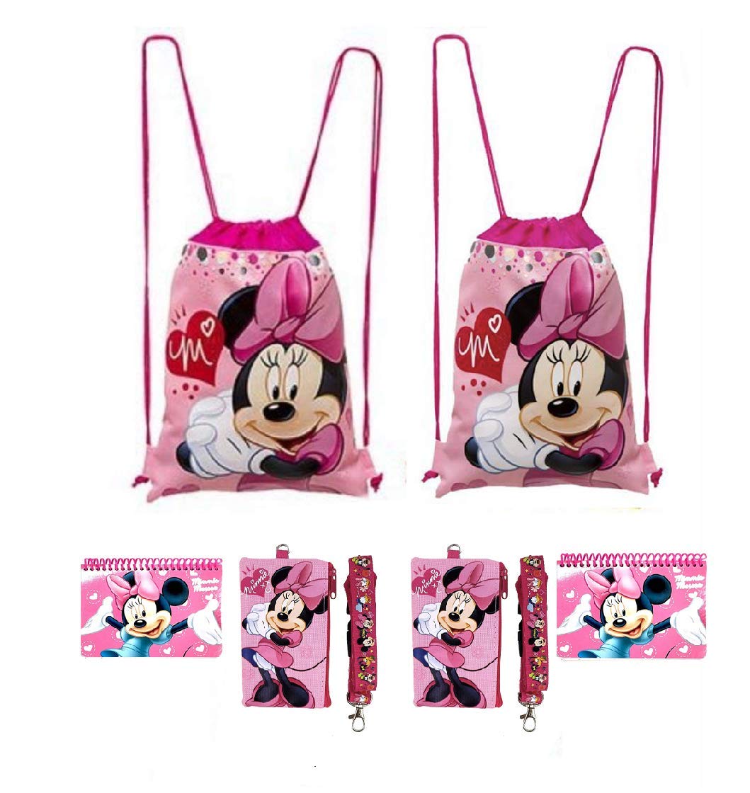 Disney Mickey and Minnie Mouse Drawstring Backpacks Set with Lanyards, Detachable Coin Purse & Autograph Books - 6-Piece Gift Set (Pink) - Perfect for Disney Parks, School, Travel & Cosplay