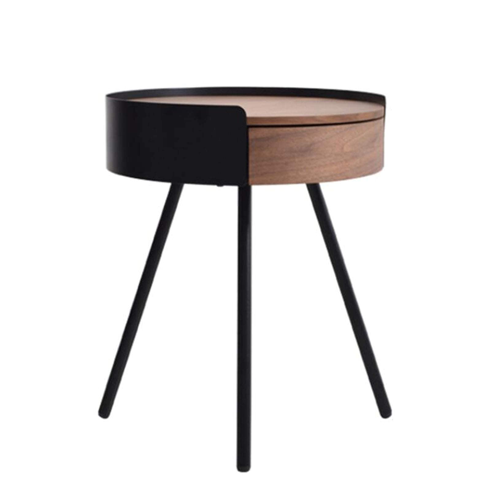 Round Walnut Sofa Side Table with Drawer & Metal Legs - Modern Bedside End Table in Matt Black (17.71