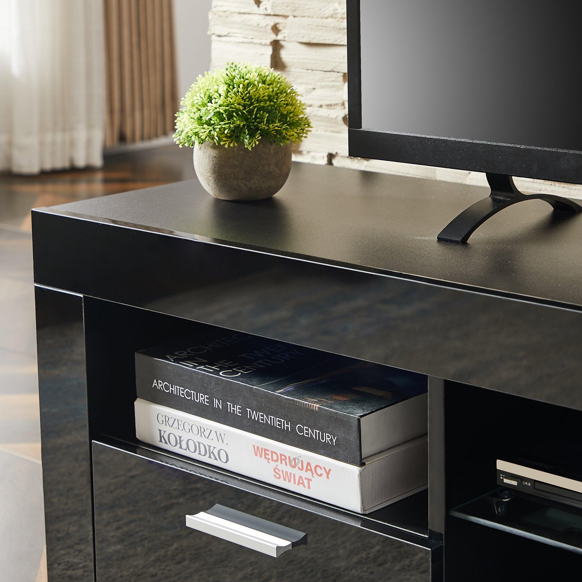Modern Black TV Stand with LED Lights - High Glossy TV Cabinet for Living Room, Bedroom & Lounge - Easy Assembly - Perfect for Movie Nights & Entertainment Spaces
