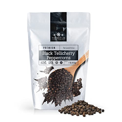 Premium Black Tellicherry Peppercorns for Grinder - 1 lb Resealable Bag | Steam Sterilized, Kosher, Non-GMO, All Natural Black Pepper | Packed in USA | Perfect for Steaks, Soups, Salads & Home Cooking