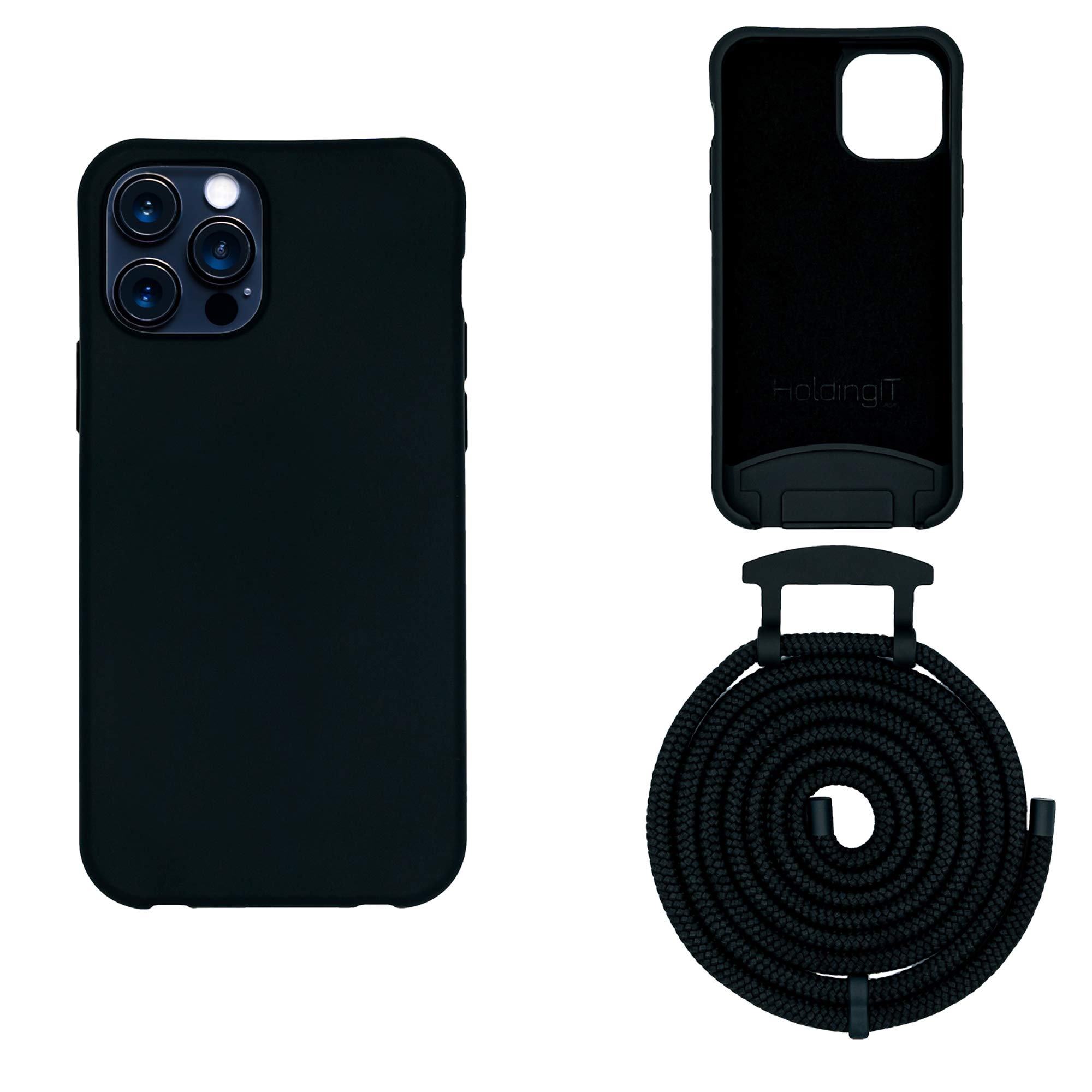HoldingIT 2-in-1 Crossbody Phone Case with Detachable Lanyard for iPhone 13 - Adjustable Rope & Drop Protection - Stylish & Secure Black iPhone Cover - Perfect for Travel, Shopping & Outdoor Activities