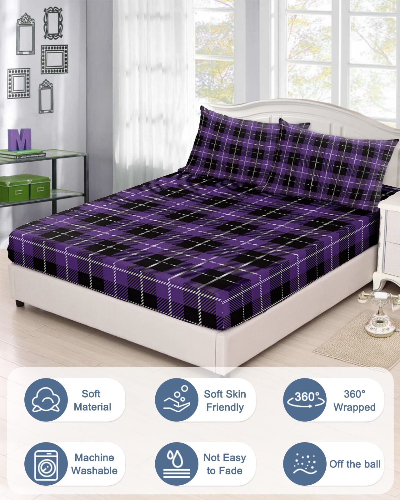 Halloween Black & Purple Buffalo Plaid Fitted Sheet - Full Size Deep Pocket (5-16