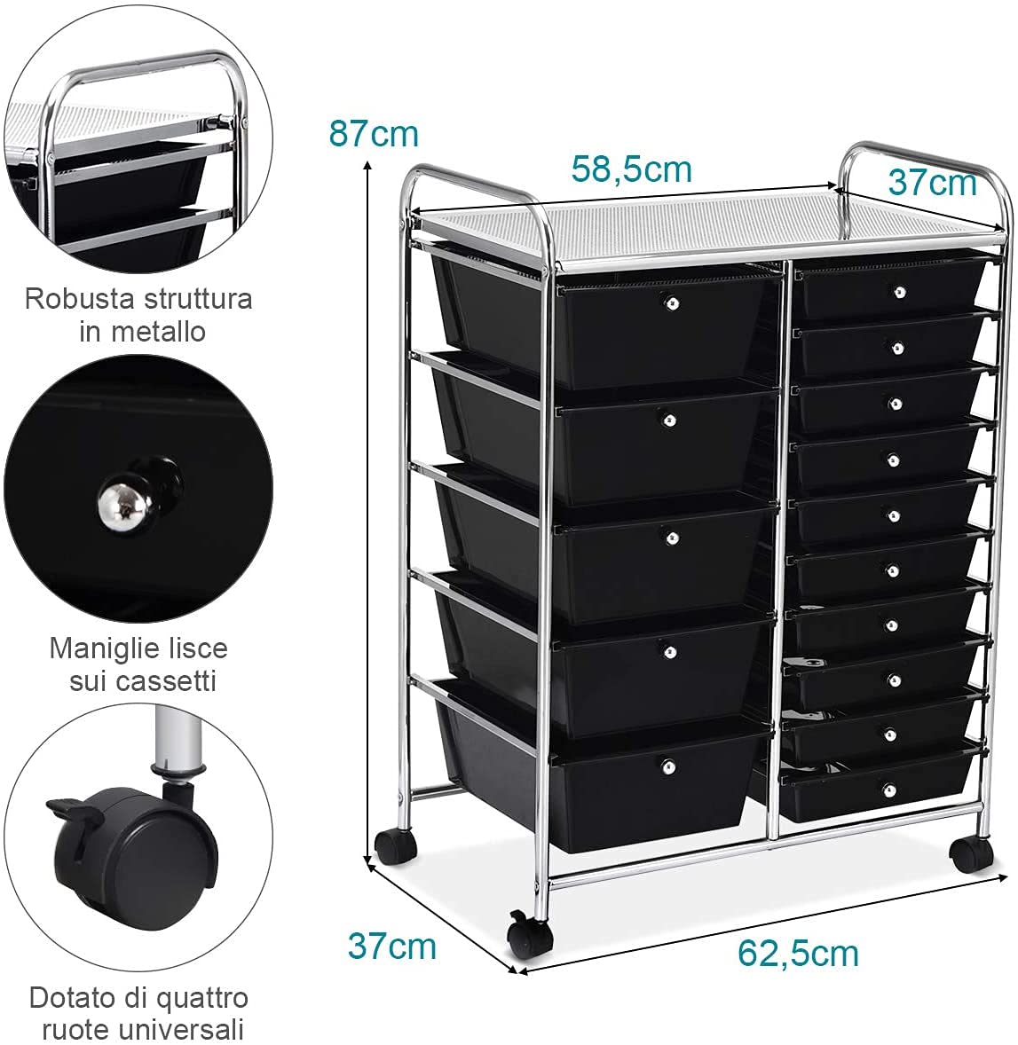 15-Drawer Rolling Storage Cart with Wheels - Mobile Utility Organizer for Tools, Office Supplies, Scrapbooking & School Essentials - Perfect for Home Office, Classroom & Craft Room Organization (Black)