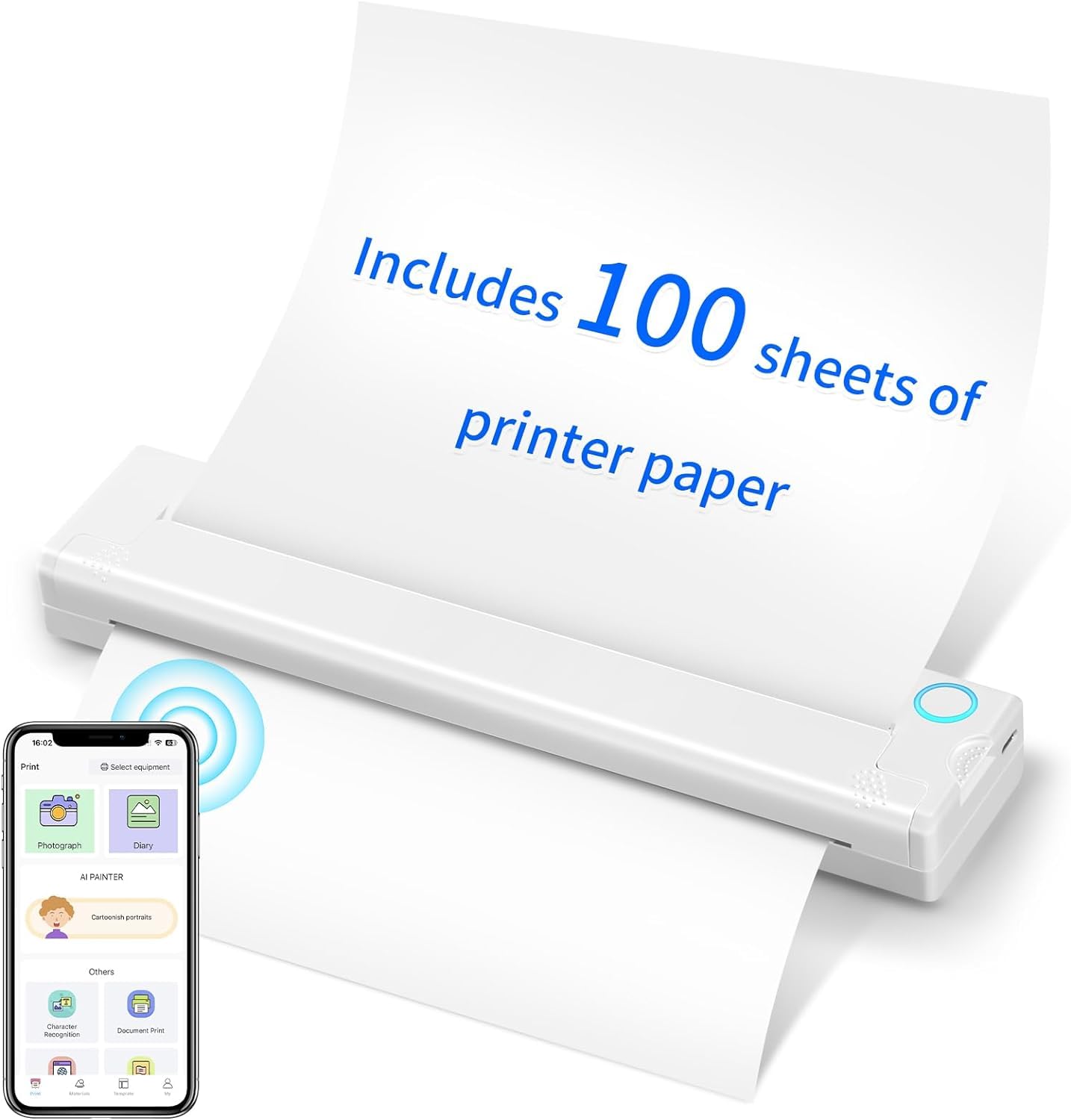 Krevi Portable Wireless Inkless Printer - Compact Travel Printer for Android & iOS Phones, Laptops (Includes 100 Sheets) - Perfect for Business Trips, Home Office & On-the-Go Printing