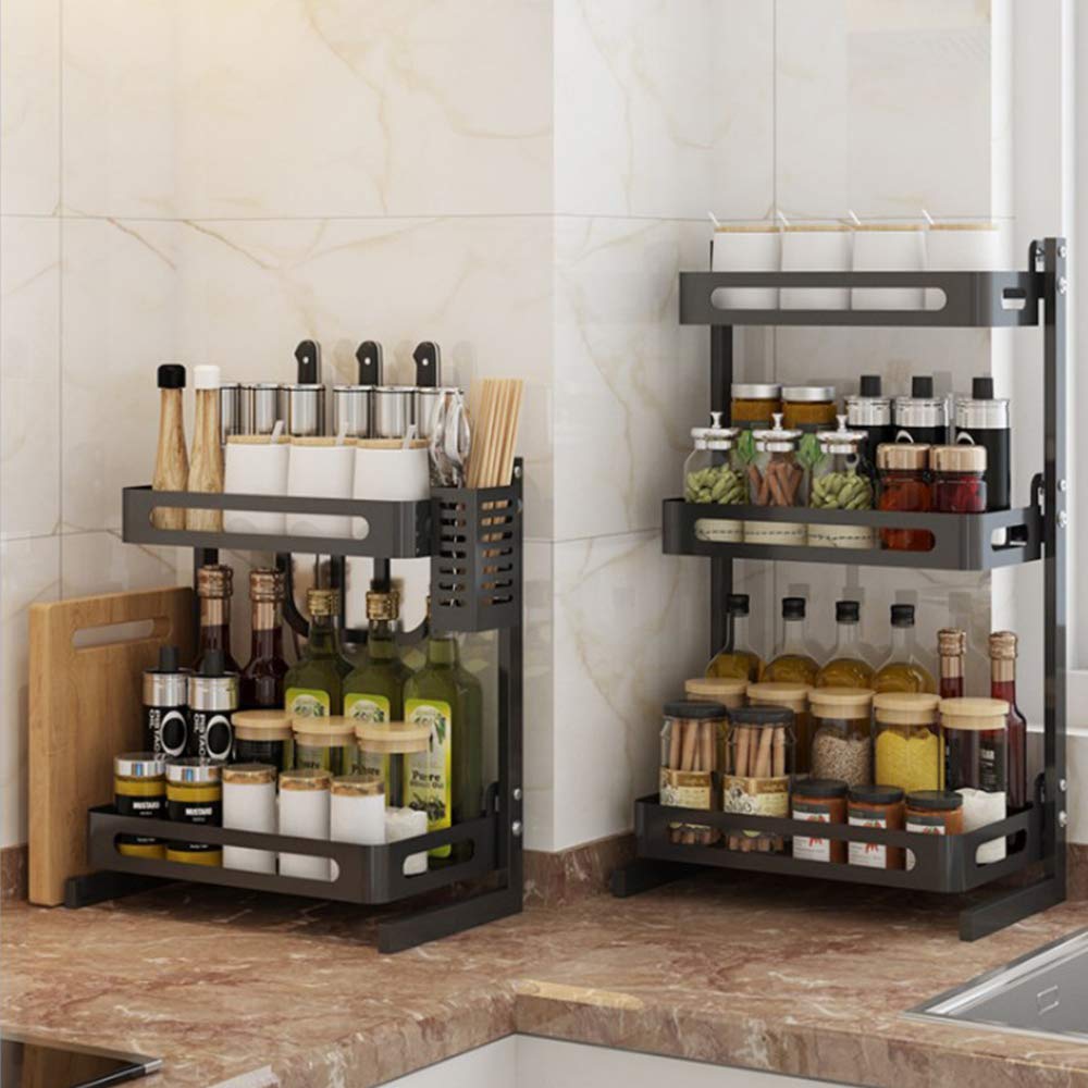 EXCLUZO 2-Tier Spice Rack Organizer - Countertop Storage Shelf for Spice Jars, Bottles & Utensils - Freestanding Kitchen Organizer with Removable Hooks - Perfect for Pantry, Cabinet & Countertop Organization