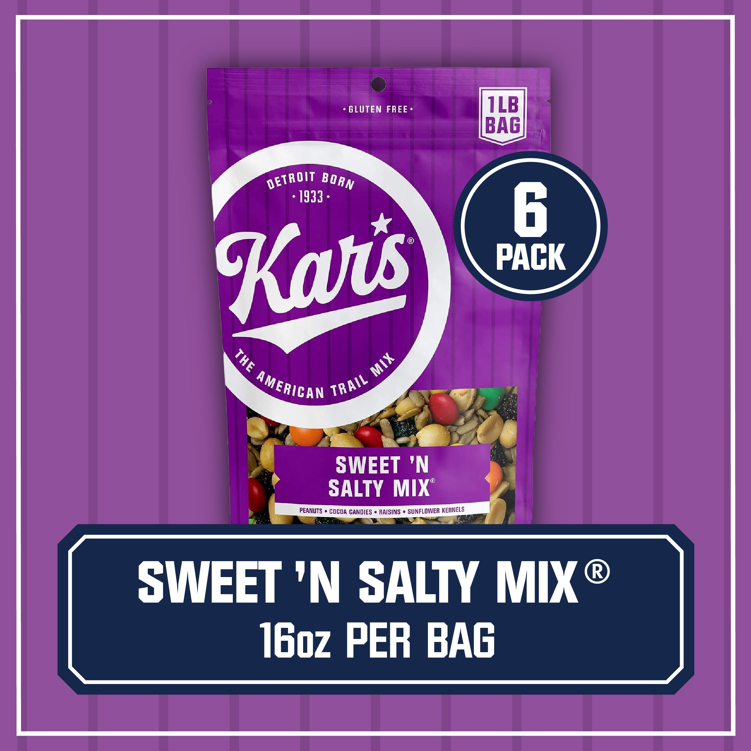 Kar's Nuts Sweet 'N Salty Trail Mix - 16oz Resealable Bag (Pack of 6) | Healthy Snacks for Adults & Kids | Perfect for Hiking, Office & School Lunch