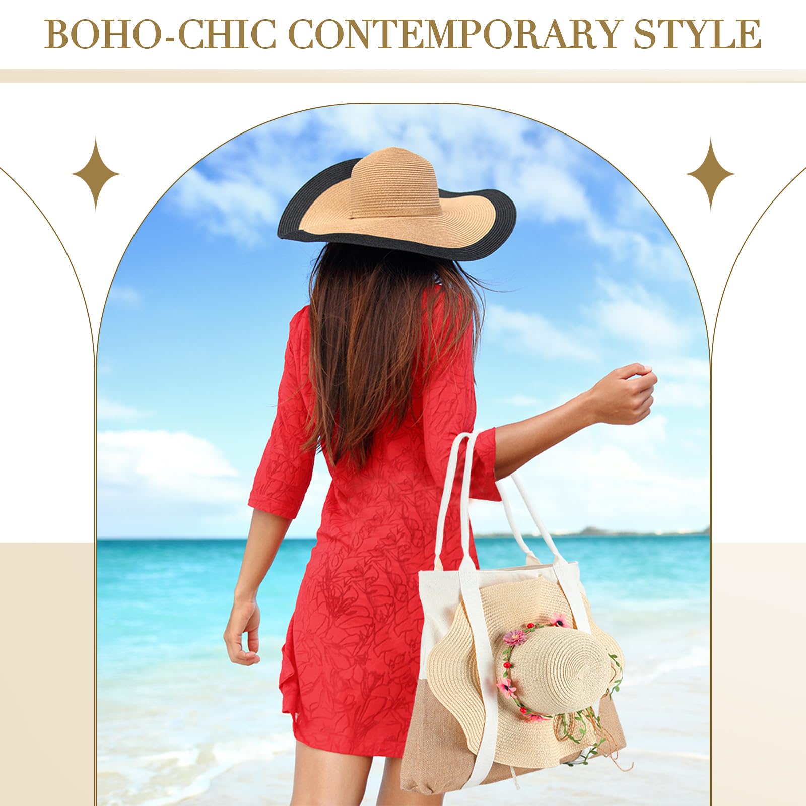 2 Pack Large Beach Tote Bags for Women - Waterproof Travel Tote with Sun Hat Holder Strap, Boho Summer Beach Bag for Pool, Vacation, Shopping & Outdoor Activities