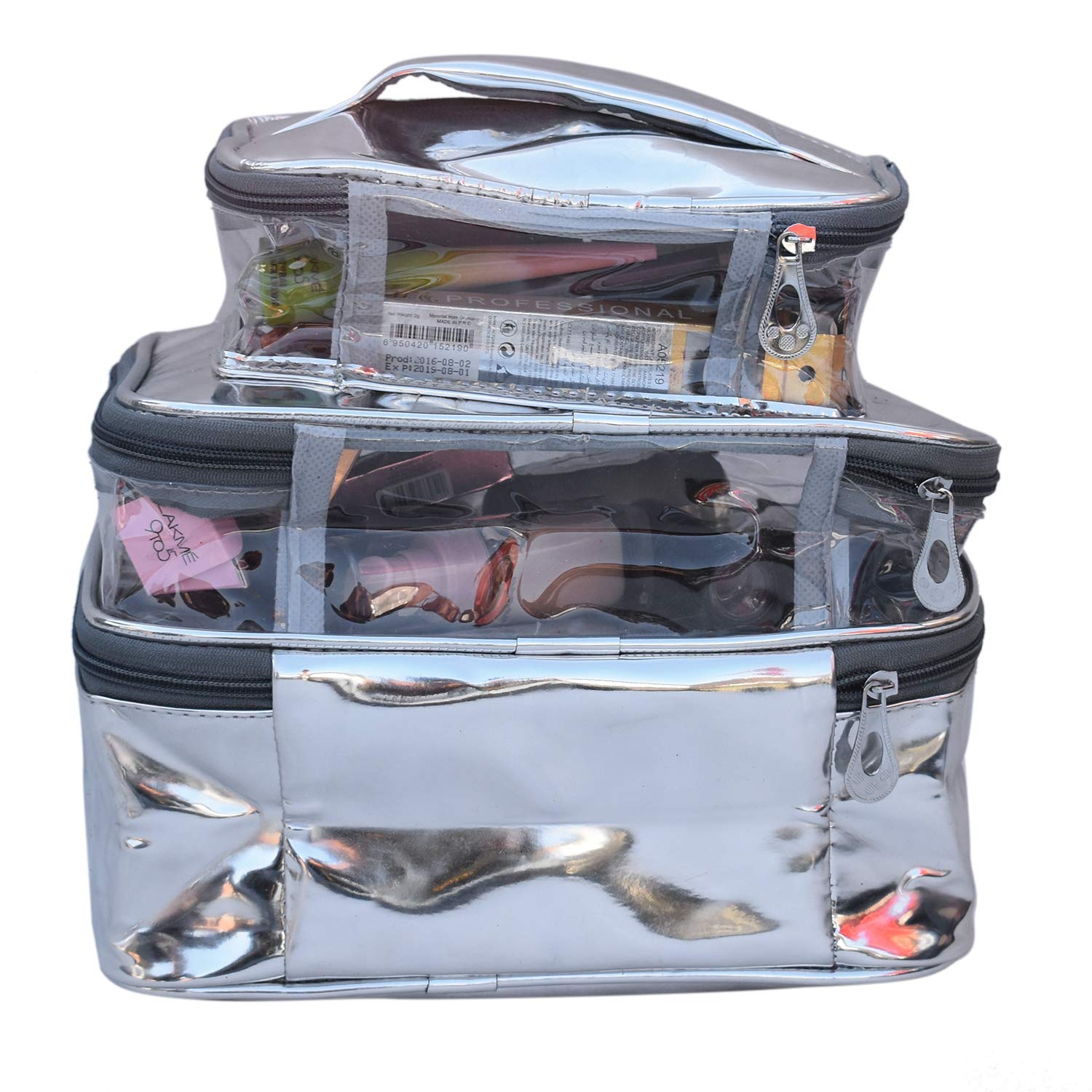 Silver Makeup Box Cosmetic Bag and Pouch (3-Fold) - Elegant Travel Organizer for Women | Perfect for Travel, Home Storage & Gift Giving