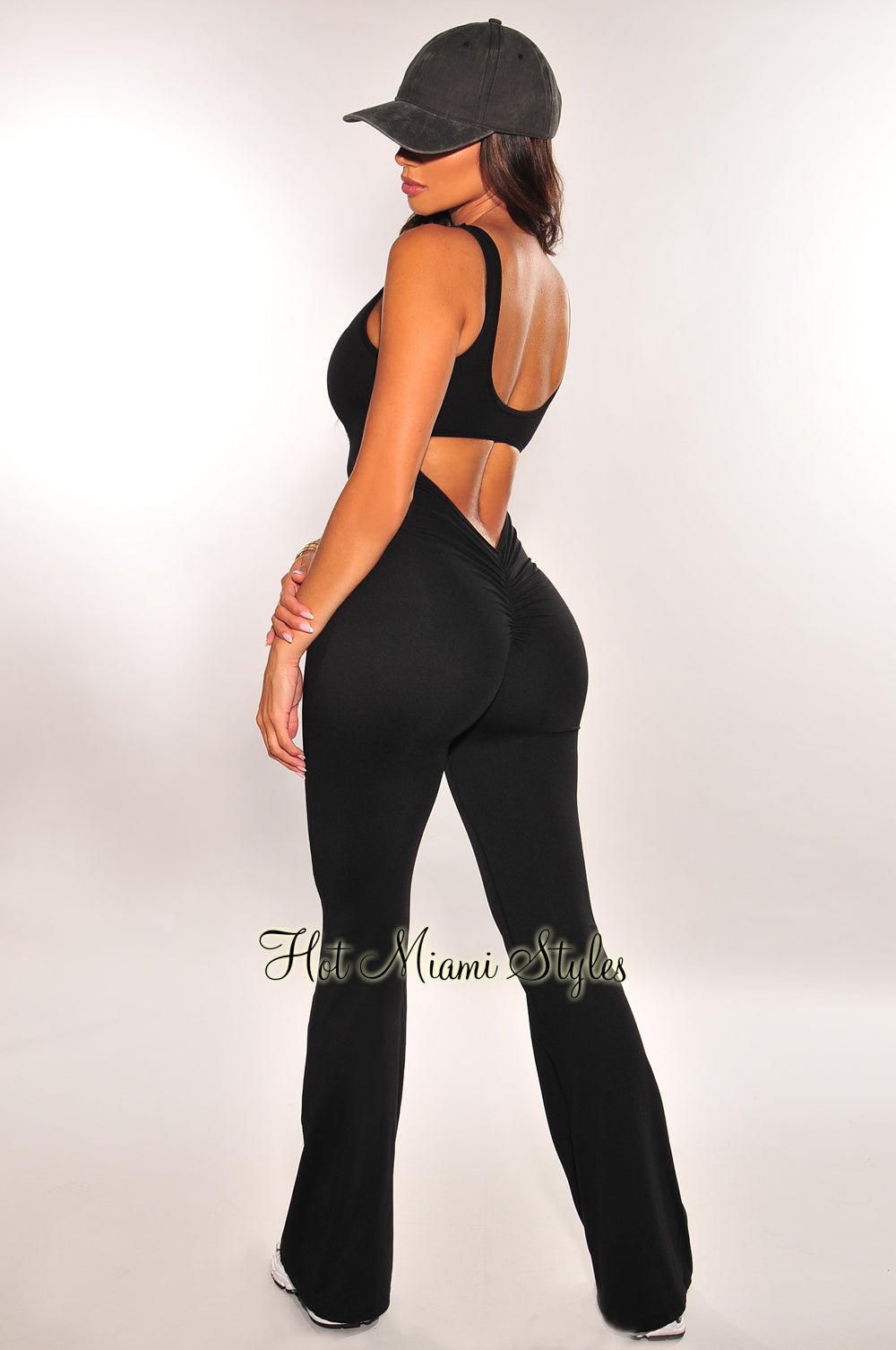 HMS Fit: Black Padded Open Back Ruched Butt Flared Jumpsuit for Women - Sexy Bodycon Romper for Night Out, Party & Date Night