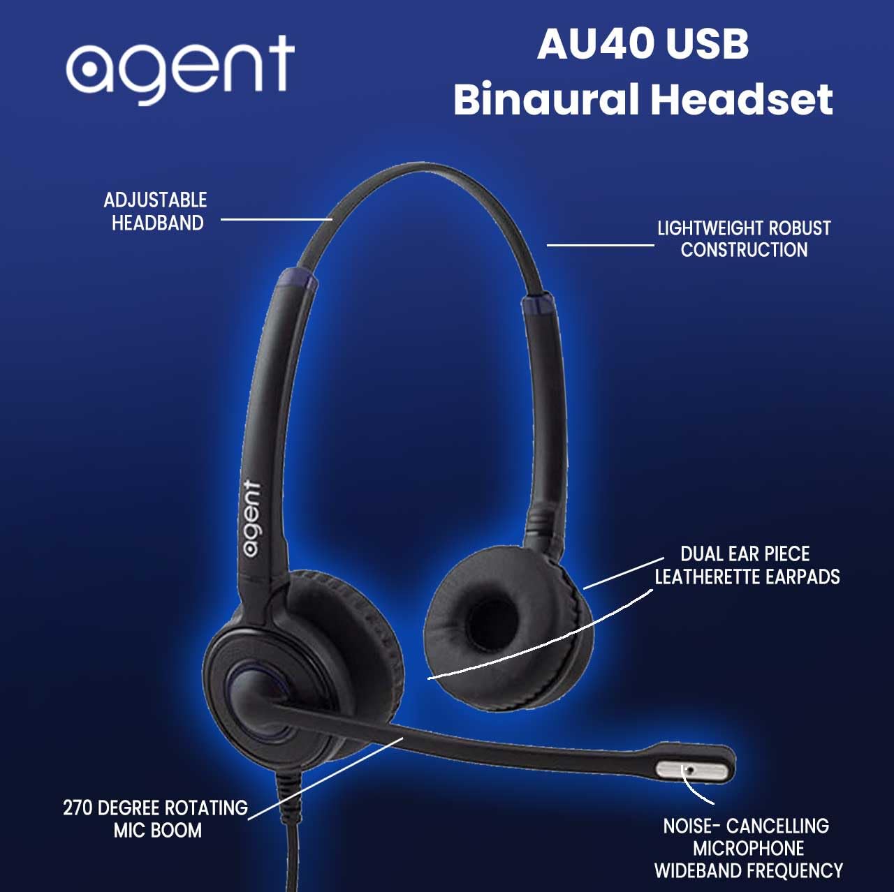 Agent AU40 USB Binaural Headset with Dual Earpiece - Noise Cancelling Microphone & In-Line Call Controls for Office, Call Center & Remote Work