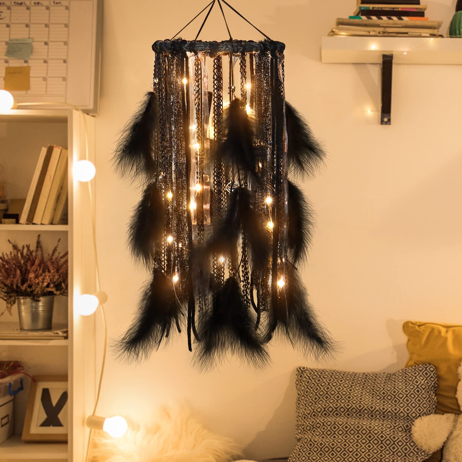 Large LED Light Up Dream Catcher with Black Shining Lace & Bells - 7.9