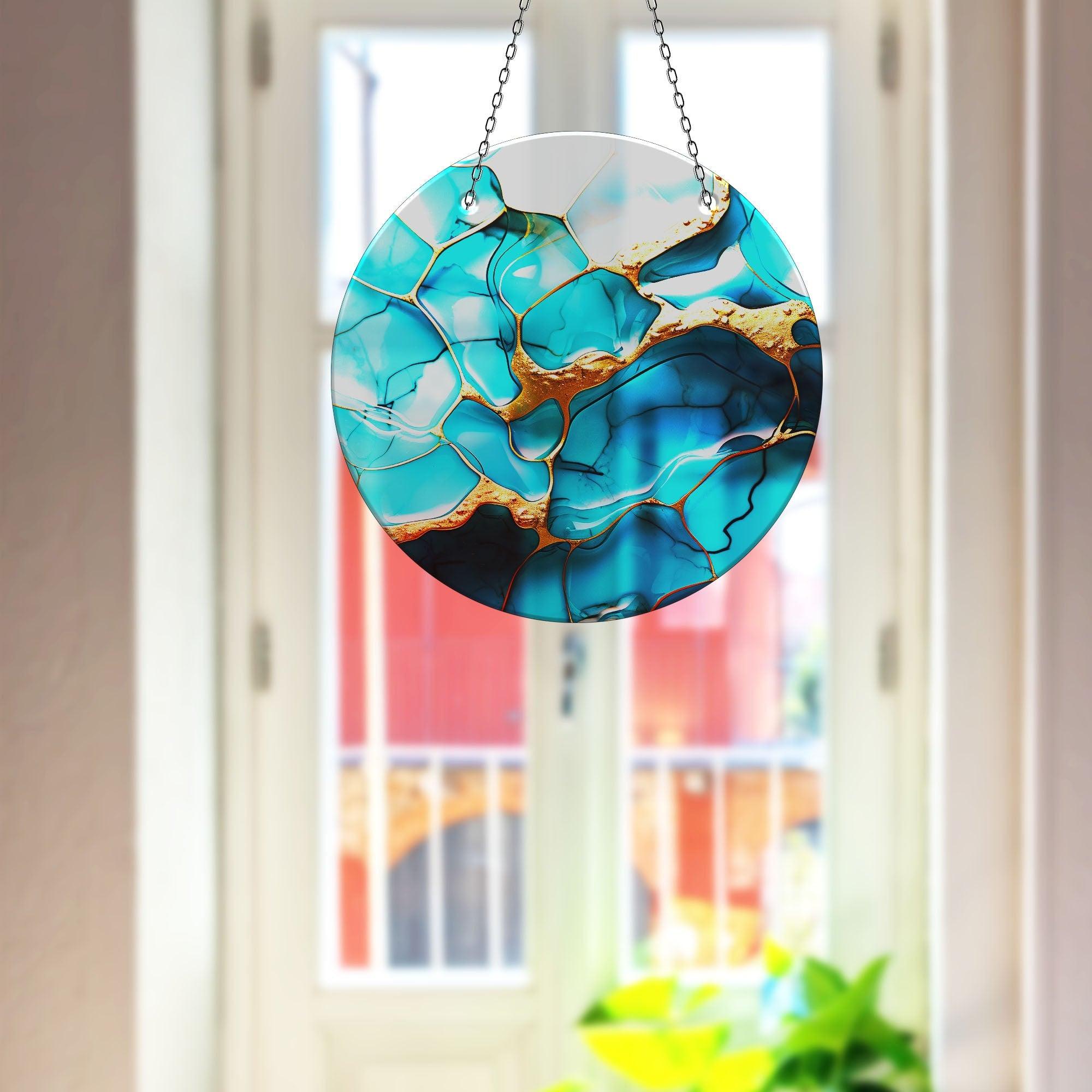 Blue Abstract Marble Suncatcher - Handmade Window Decor for Home & Office - Perfect for Living Room, Bedroom, and Garden Decorations