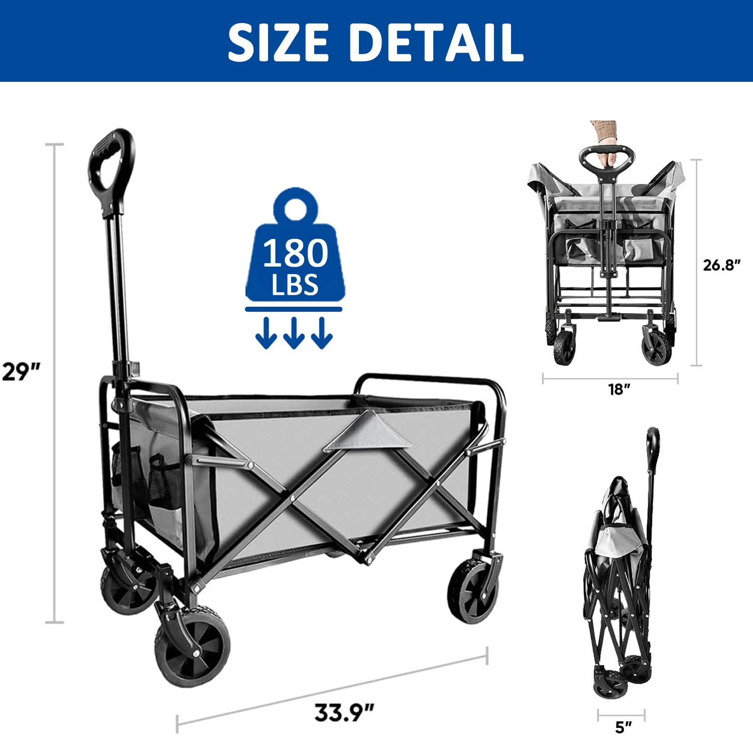 Heavy Duty Collapsible Folding Wagon Cart - Portable Utility Cart with Large Capacity for Beach, Camping, Grocery Shopping, Fishing & Outdoor Activities - Perfect for Picnics, Sports Events & Garden Use (Gray)