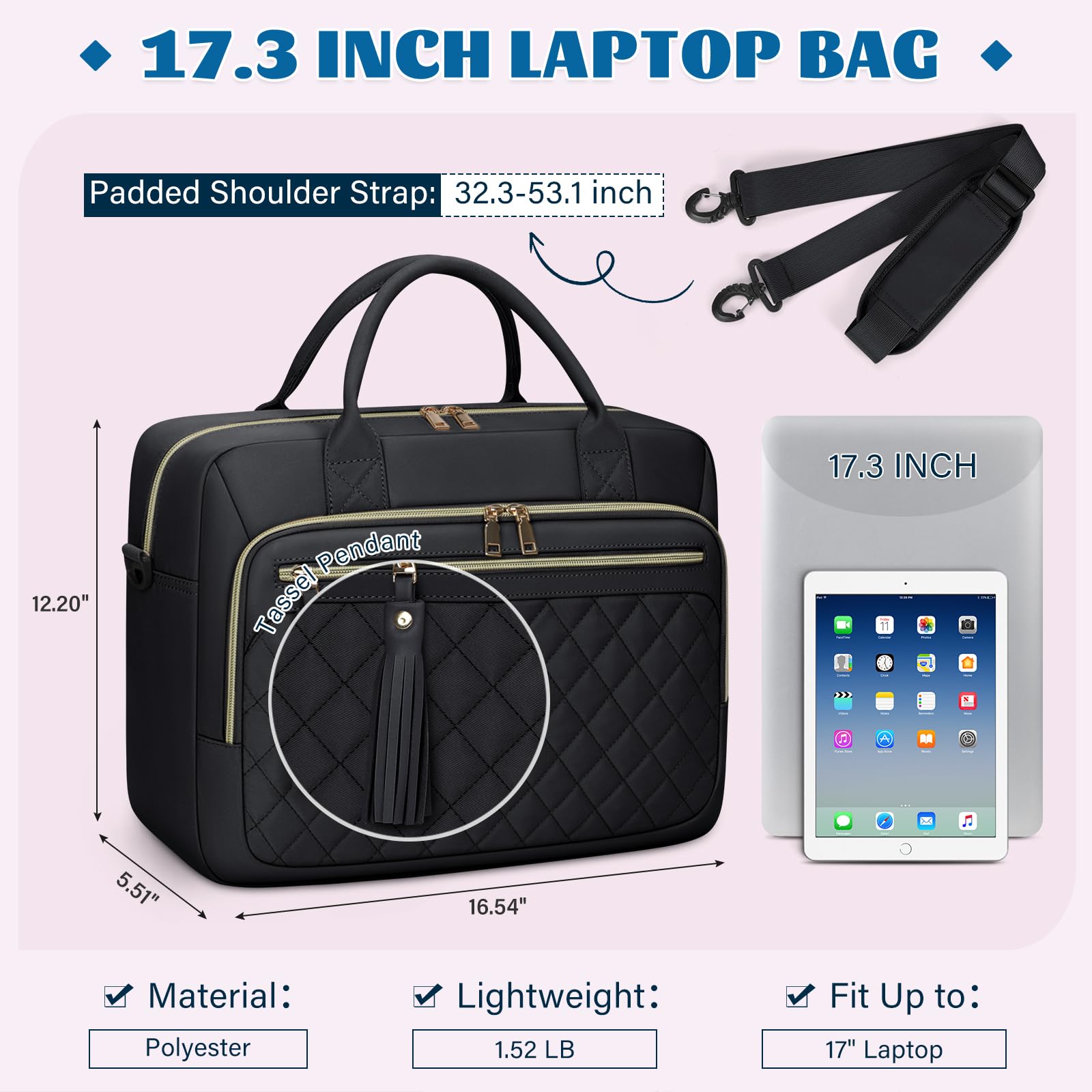 17.3 Inch Waterproof Laptop Bag for Women - Professional Business Briefcase & Large Messenger Bag for Office, Work & College | Durable Computer Case for Commuting, Travel & Daily Use (Black)