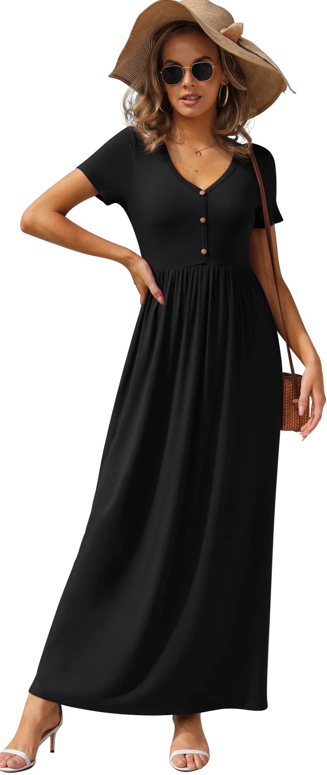 GRECERELLE Women's Long Maxi Dresses 2025 - Short Sleeve V Neck Casual Summer Button Dress with Pockets - Perfect for Beach, Vacation, and Outdoor Parties