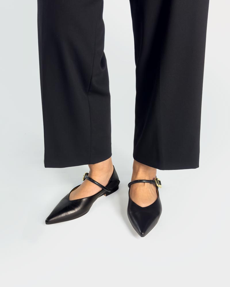 Black Calfskin Leather Flat Mary Jane Shoes for Women - Classic Comfortable Slip-On Ballet Flats for Work, Office & Casual Wear
