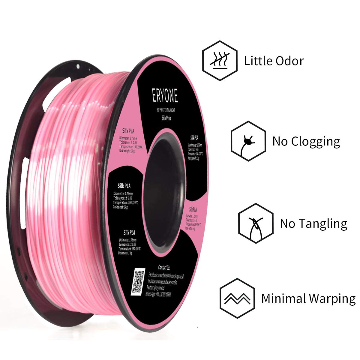 ERYONE Silk PLA Filament 1.75mm for 3D Printing - 1kg (2.2lbs) Spool, High Precision +/-0.03mm, Vibrant Silk Pink - Perfect for Cosplay Props, Home Decor & Artistic Creations