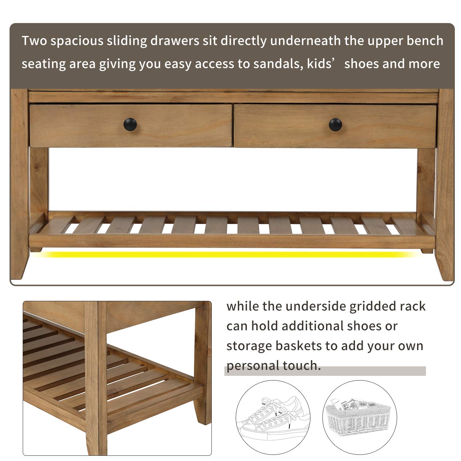 Danxee Shoe Storage Bench with Cushioned Seat - Entryway Organizer with 2 Drawers & Shelves - Multifunctional Foot Stool, Bed Bench - Perfect for Hallway, Bedroom & Closet Organization (Old Pine)