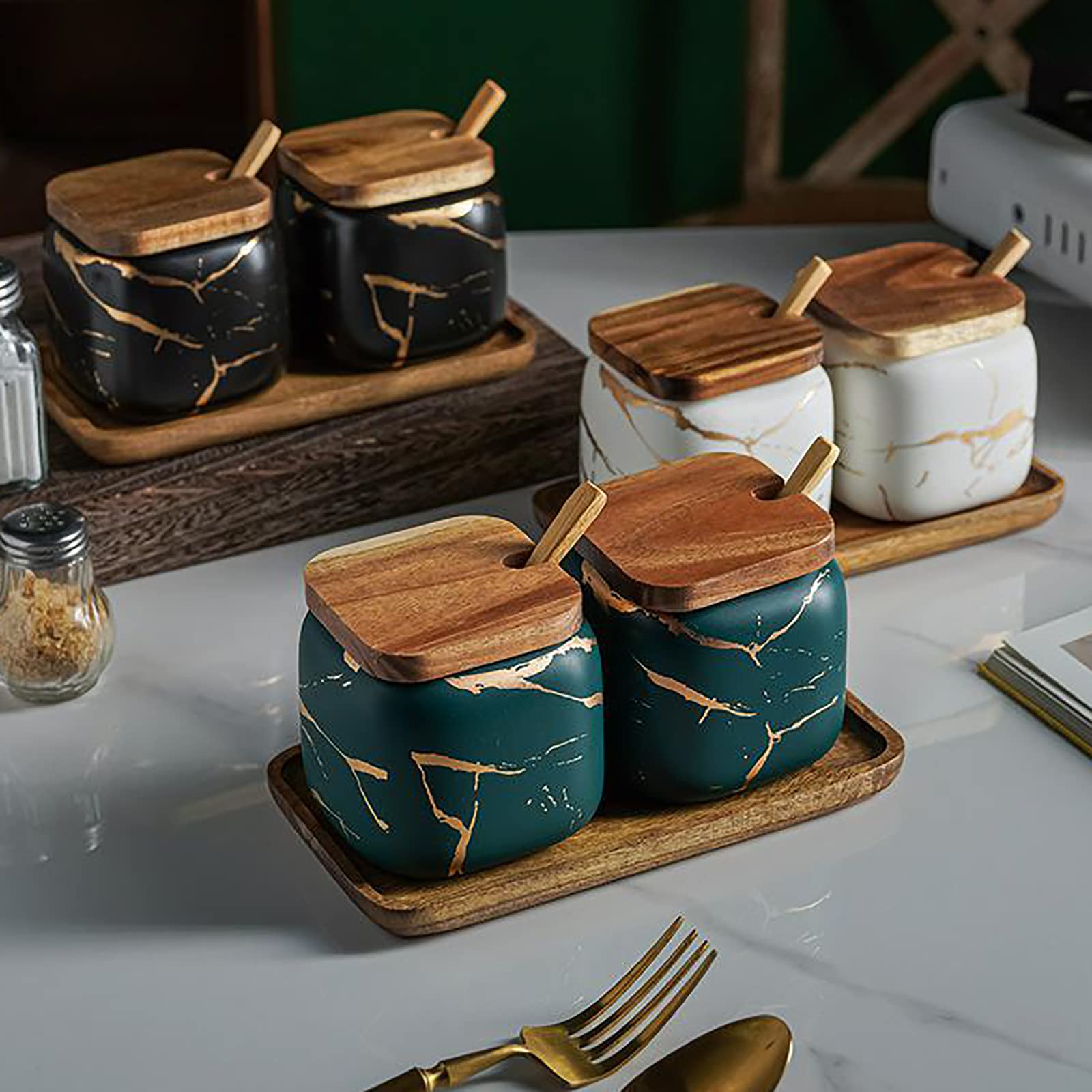 2-Piece Marble Ceramic Seasoning Jars Set with Wooden Lids, Spoon & Tray - Salt, Sugar & Spice Storage Containers - Perfect for Kitchen Countertop & Dining Table Organization (Black)