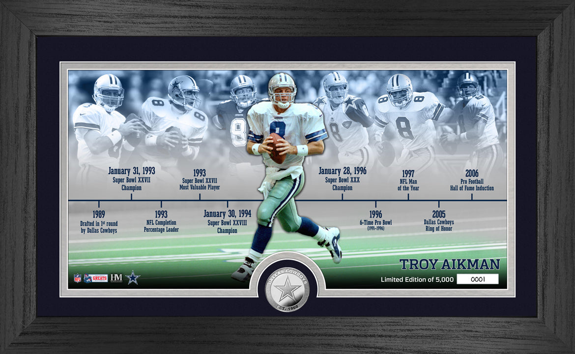 Troy Aikman Dallas Cowboys Career Timeline Commemorative Silver Coin with Panoramic Photo - Perfect for NFL Fans, Collectors and Sports Memorabilia Enthusiasts