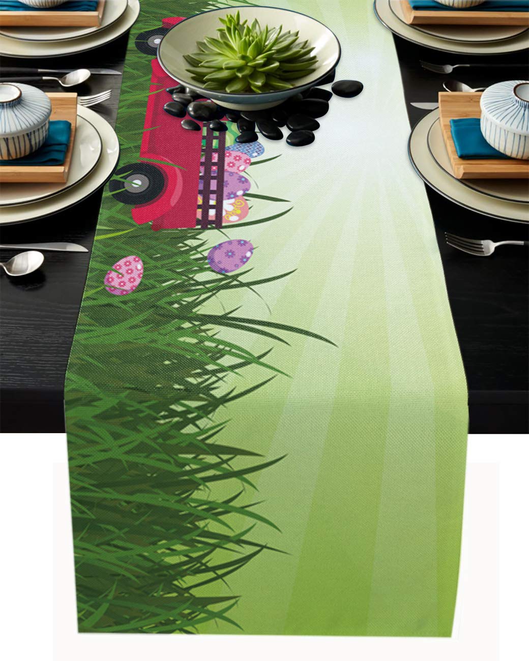 Easter Table Runner - Cotton Linen Spring Tablecloth with Easter Eggs & Rabbit Design, Non-Slip Rectangle Kitchen Decor for Holiday Parties, Dining Room & Home Decor - Perfect for Easter Celebrations & Spring Gatherings