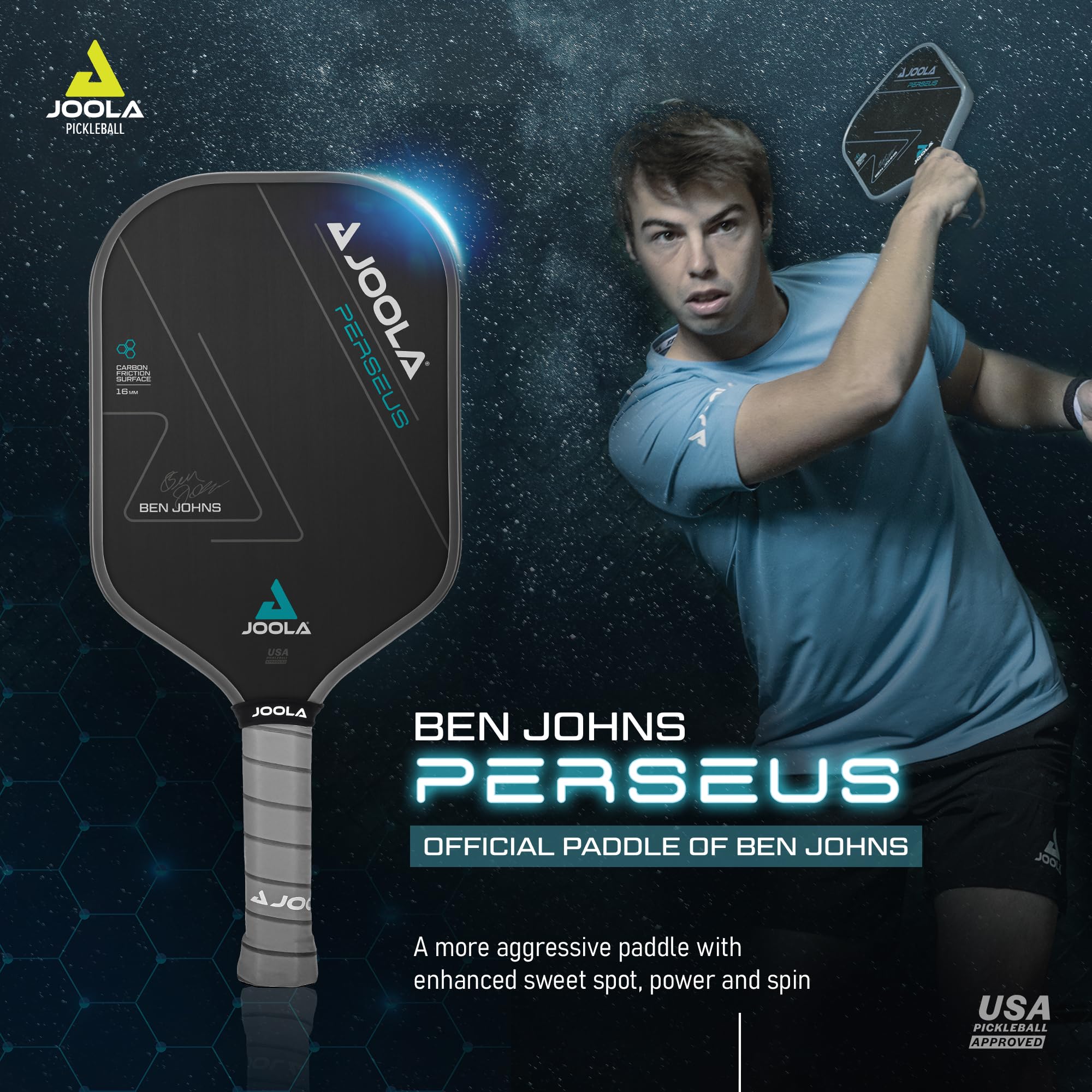 JOOLA Ben Johns Perseus Pickleball Paddle - USAPA Approved Carbon Fiber Paddle with Charged Surface Technology for Power & Control - Larger Sweet Spot for Enhanced Performance - Perfect for Competitive Play & Recreational Pickleball Games