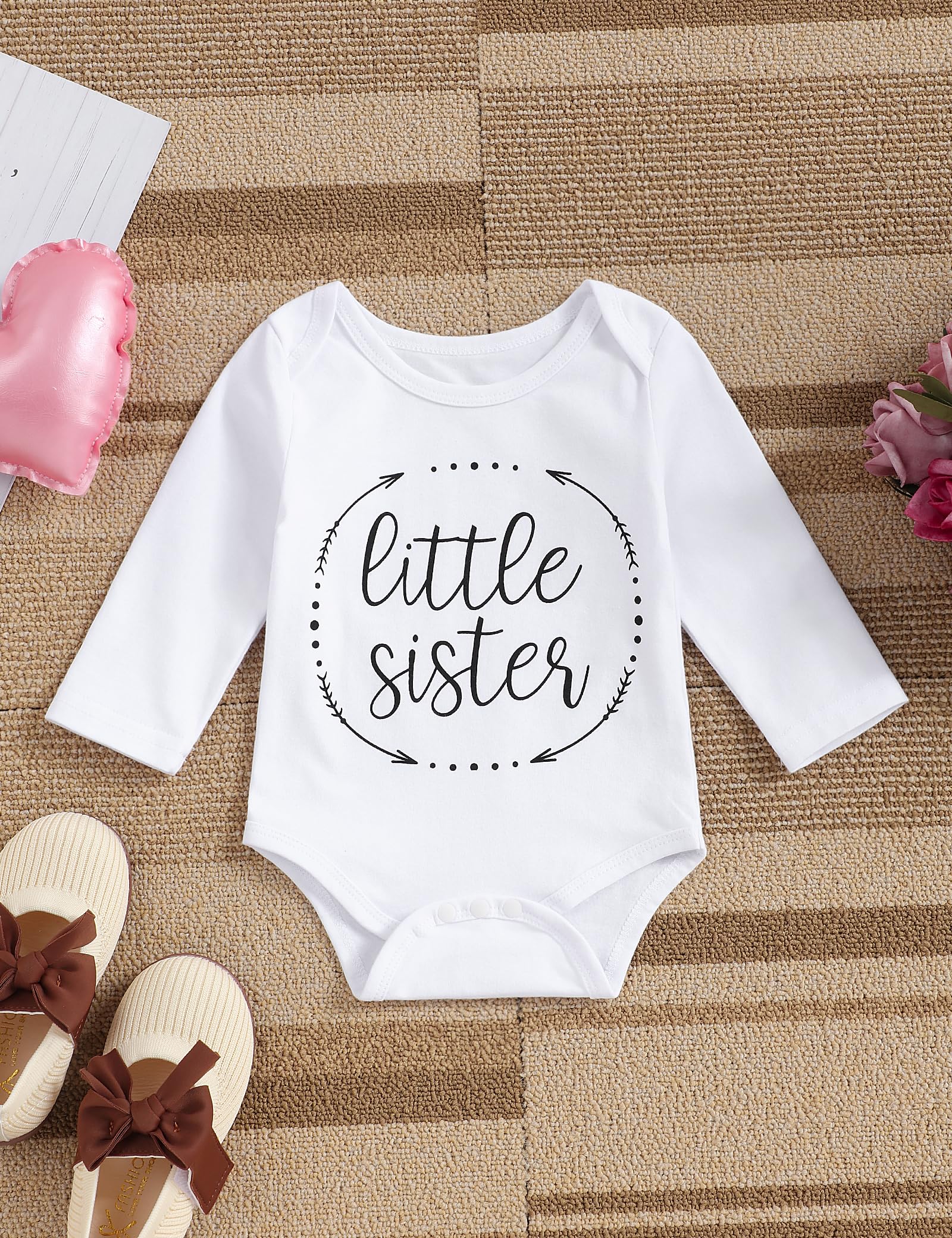 OKLady Baby Girl Clothes Set - 4PCS Floral Romper Hoodie Tops & Pants with Cute Headband | Little Sister Outfits for Fall | Perfect for Family Photos, Playdates & Special Occasions
