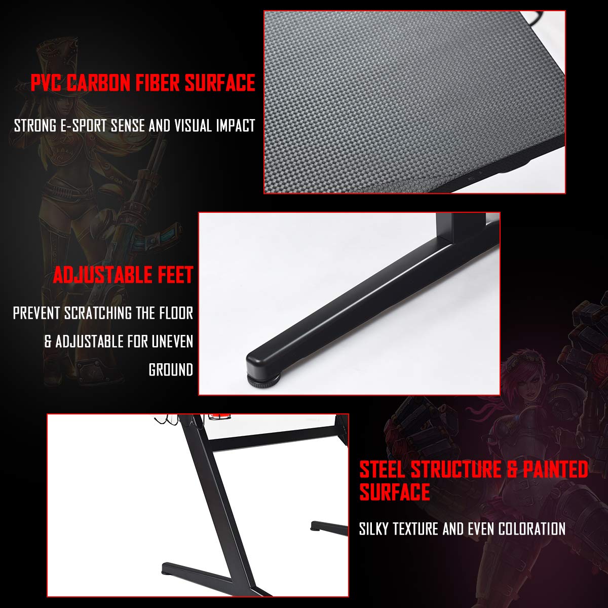 Tangkula Z-Shaped Ergonomic Gaming Desk - Carbon Fiber Surface Computer Desk with Cup Holder, Headphone Stand & Mouse Pad - Sturdy Steel Frame Workstation for PC Gamers & Streamers (Black) | Perfect for Esports, Home Office & Gaming Setups