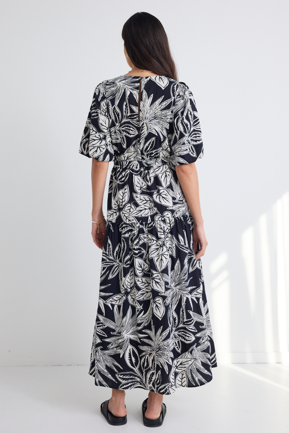 Floreana Black Leaf Sleeveless Maxi Dress with Elastic Waist - Summer Beach Cover Up, Vacation Dress, Boho Chic Outfit for Women