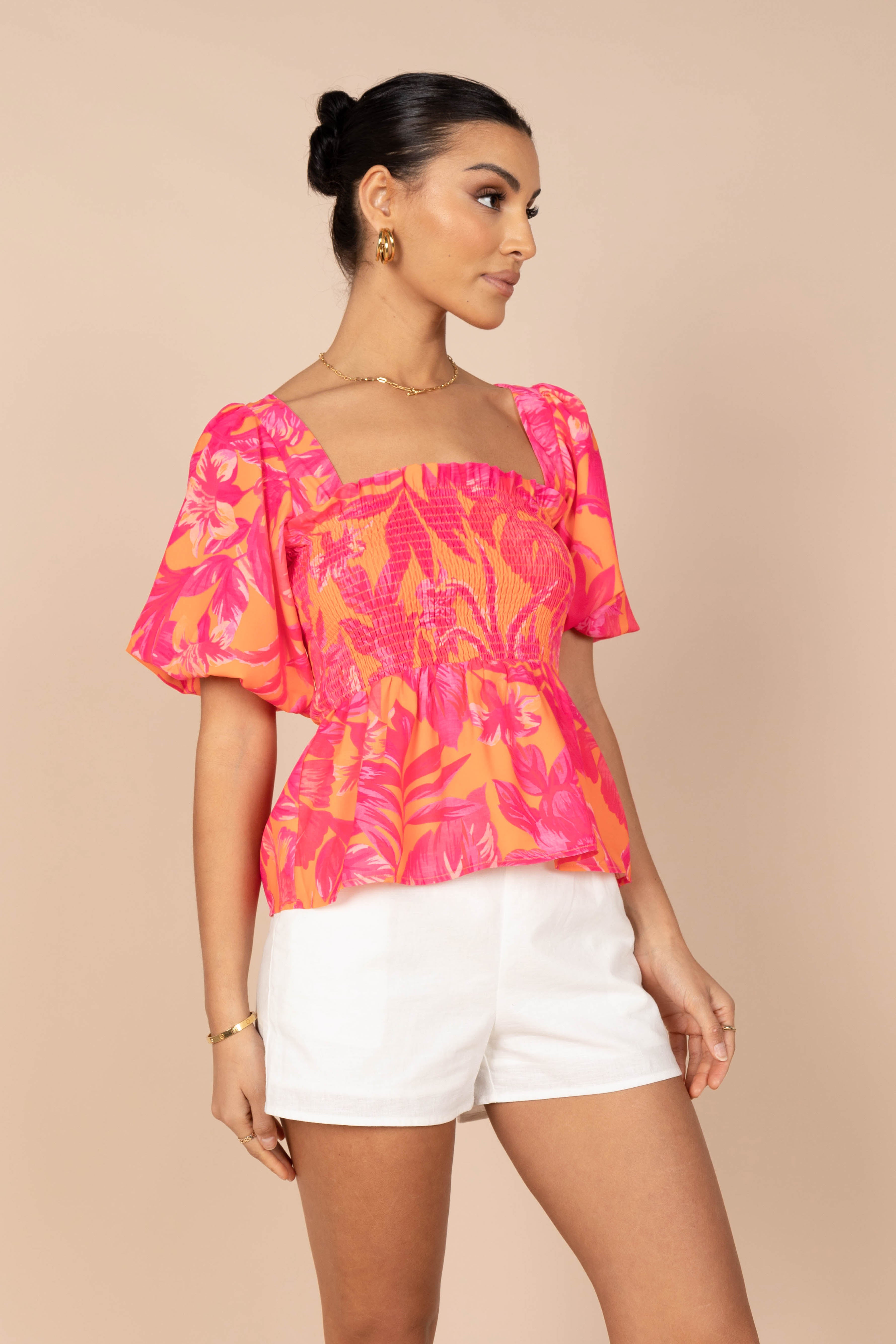 Addison Peplum Top for Women | Flattering Pink Tropics Print | Perfect for Summer Outfits & Beach Vacations
