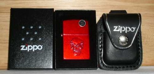 ZIPPO 'DOOM' Red Windproof Lighter with Genuine Leather Belt Case - Perfect for Outdoor Adventures, Camping & Collectors