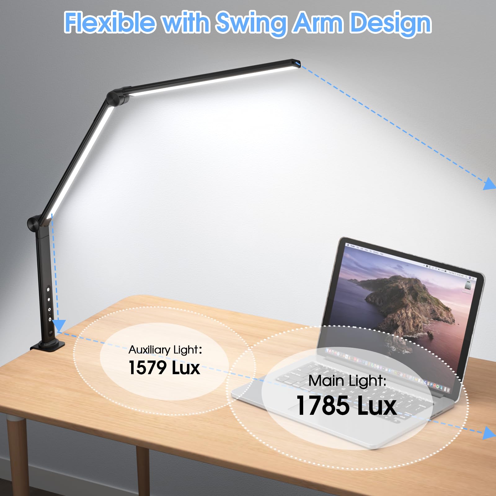 ShineTech LED Architect Desk Lamp with Clamp - Dual Light Sources, 4 Color Temperatures & 5 Brightness Levels - Modern Adjustable Office Table Light for Home, Study, Reading & Workstation Use