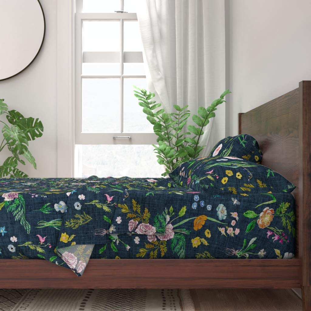Premium 100% Cotton Twin Sheet Set (3-Piece) - Navy Blue Vintage Floral Print with Daisies & Roses | Soft Breathable Bedding for Summer | Perfect for Guest Rooms, Dorms & Cozy Bedroom Decor